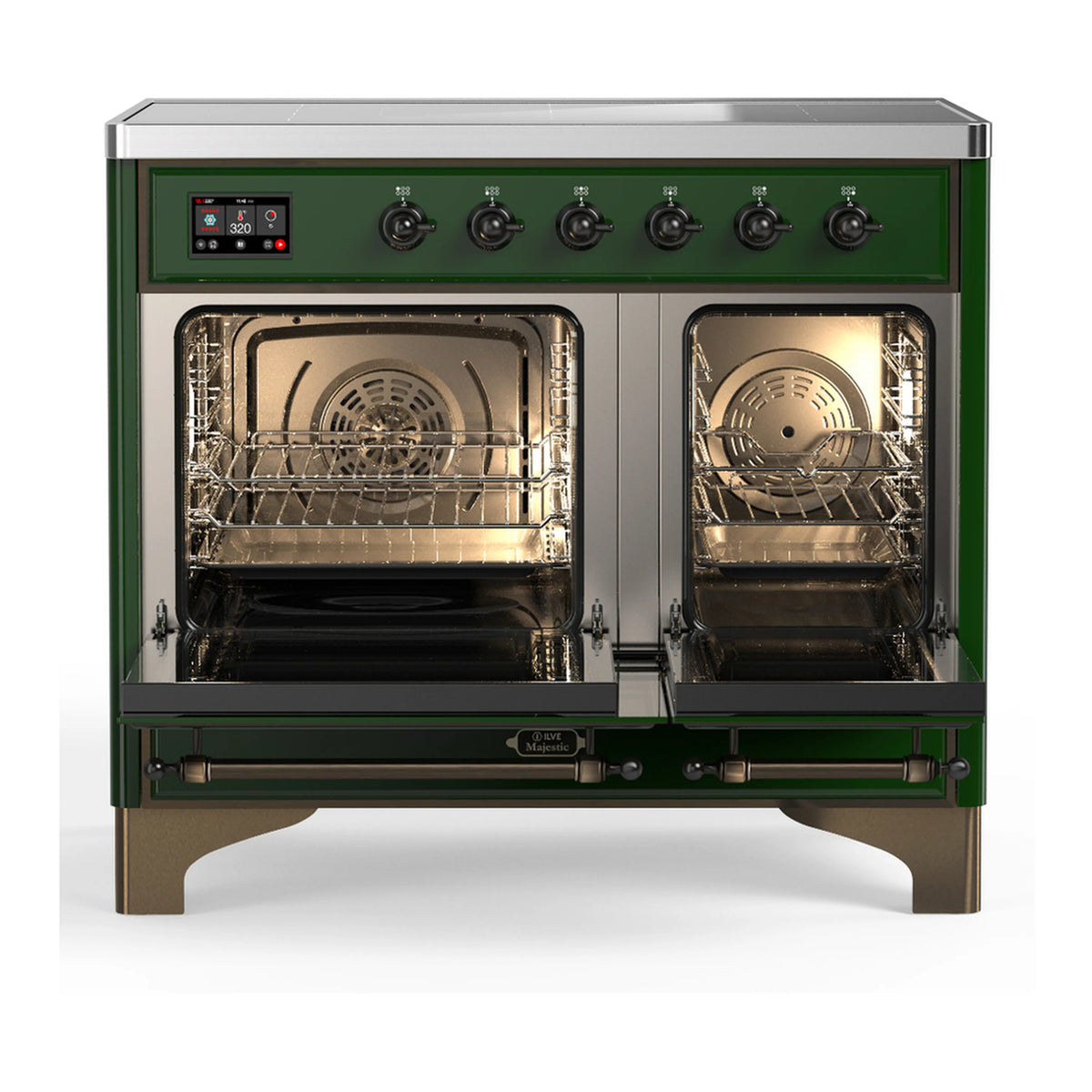 Emerald green electric oven with open double doors, interior racks, and trays