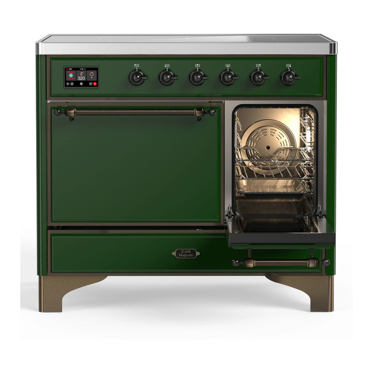 Emerald green electric oven with right door open and illuminated interior racks