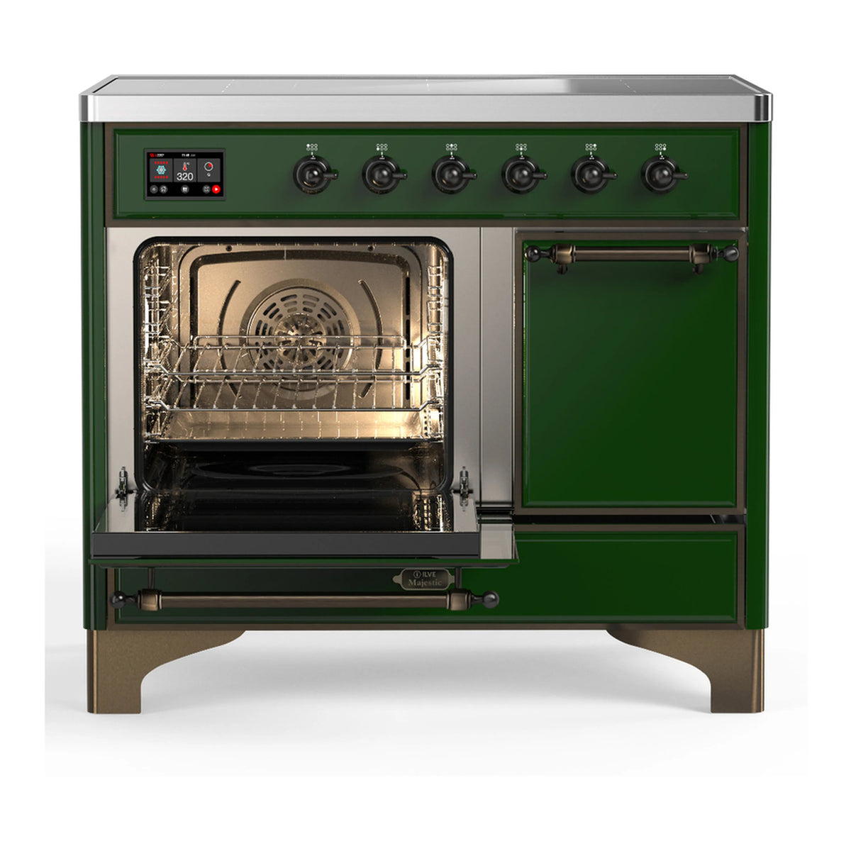 Emerald green electric oven with left door open, interior racks, and bake tray