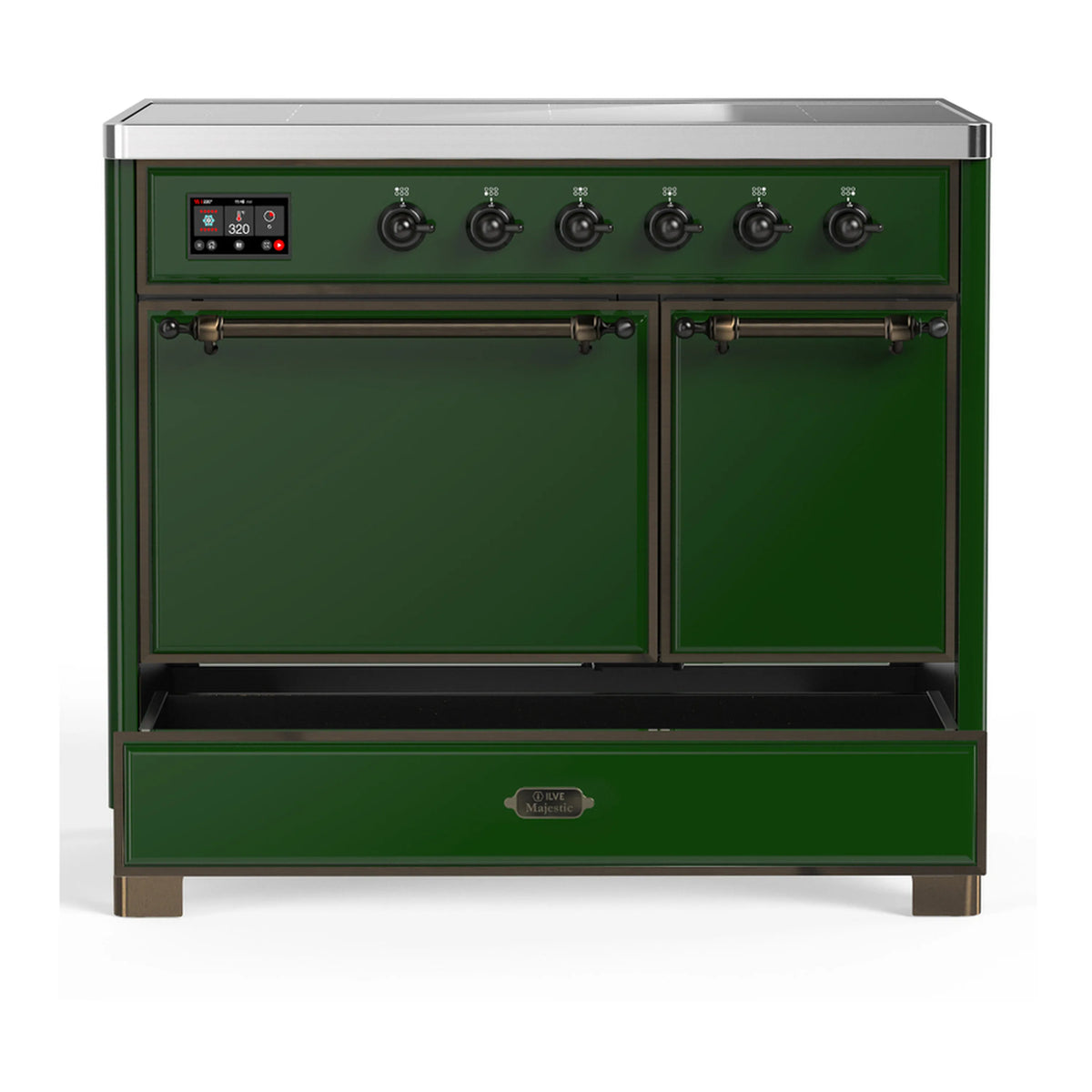 Emerald green induction range with two oven doors closed and lower storage drawer