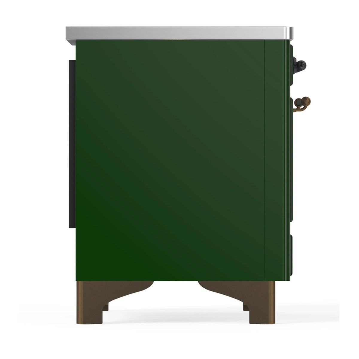 Emerald green induction range side panel with vintage brass handle hardware