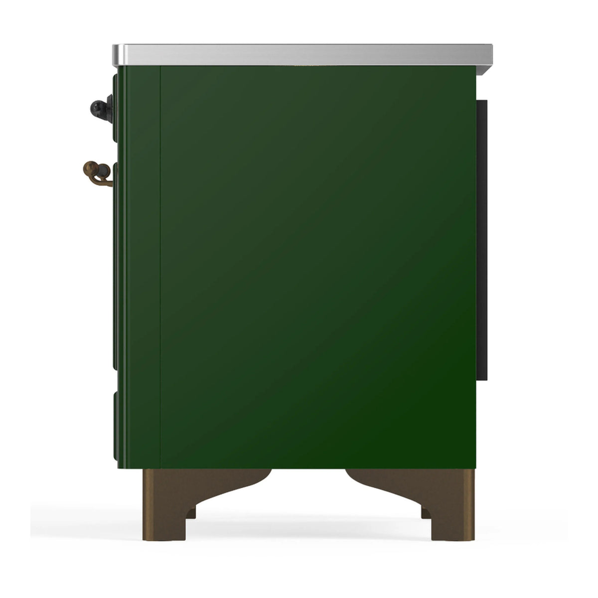 Emerald green induction range side panel with brass handle hardware and trim