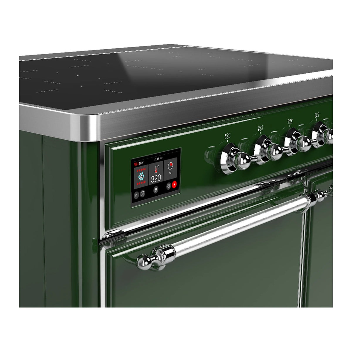 Emerald green induction range control panel with LED display and chrome control knobs
