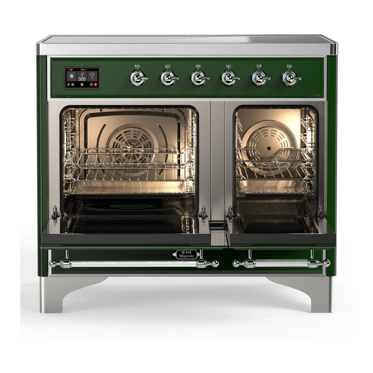 Emerald green induction range with oven doors open showing two racks and interior light