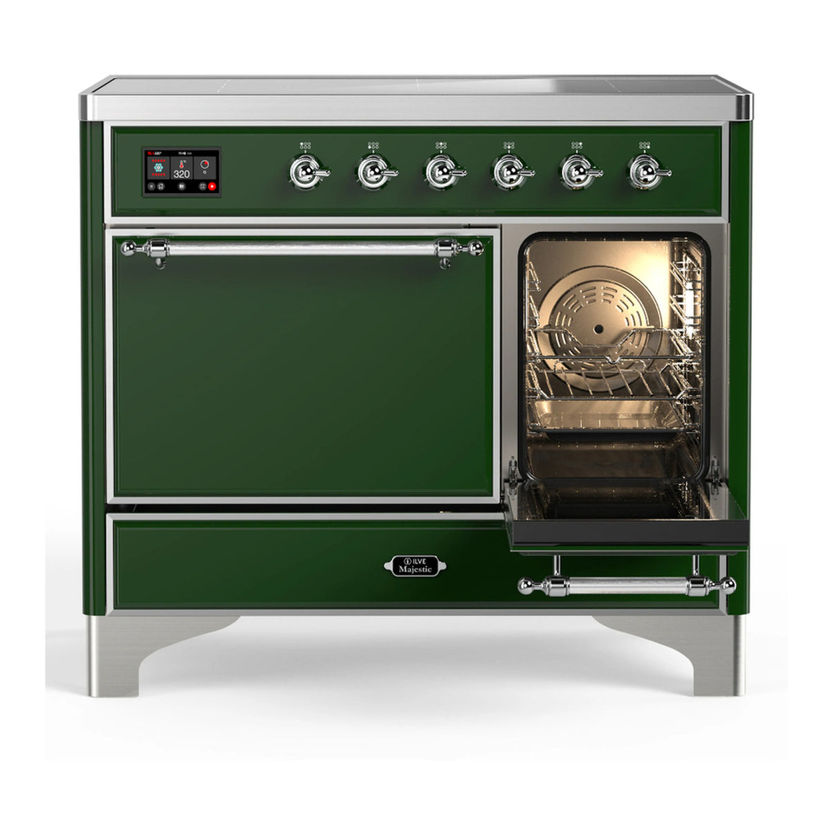 Emerald green induction range with one oven door open, showing oven interior and rack