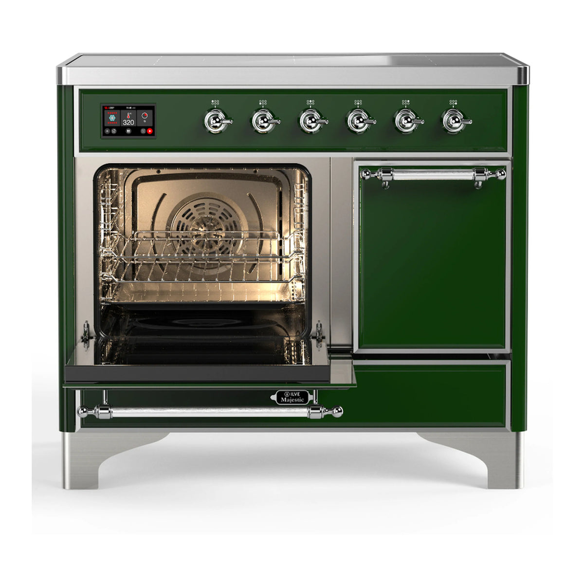 Emerald green induction range with both oven doors open, showing rack and heating interior