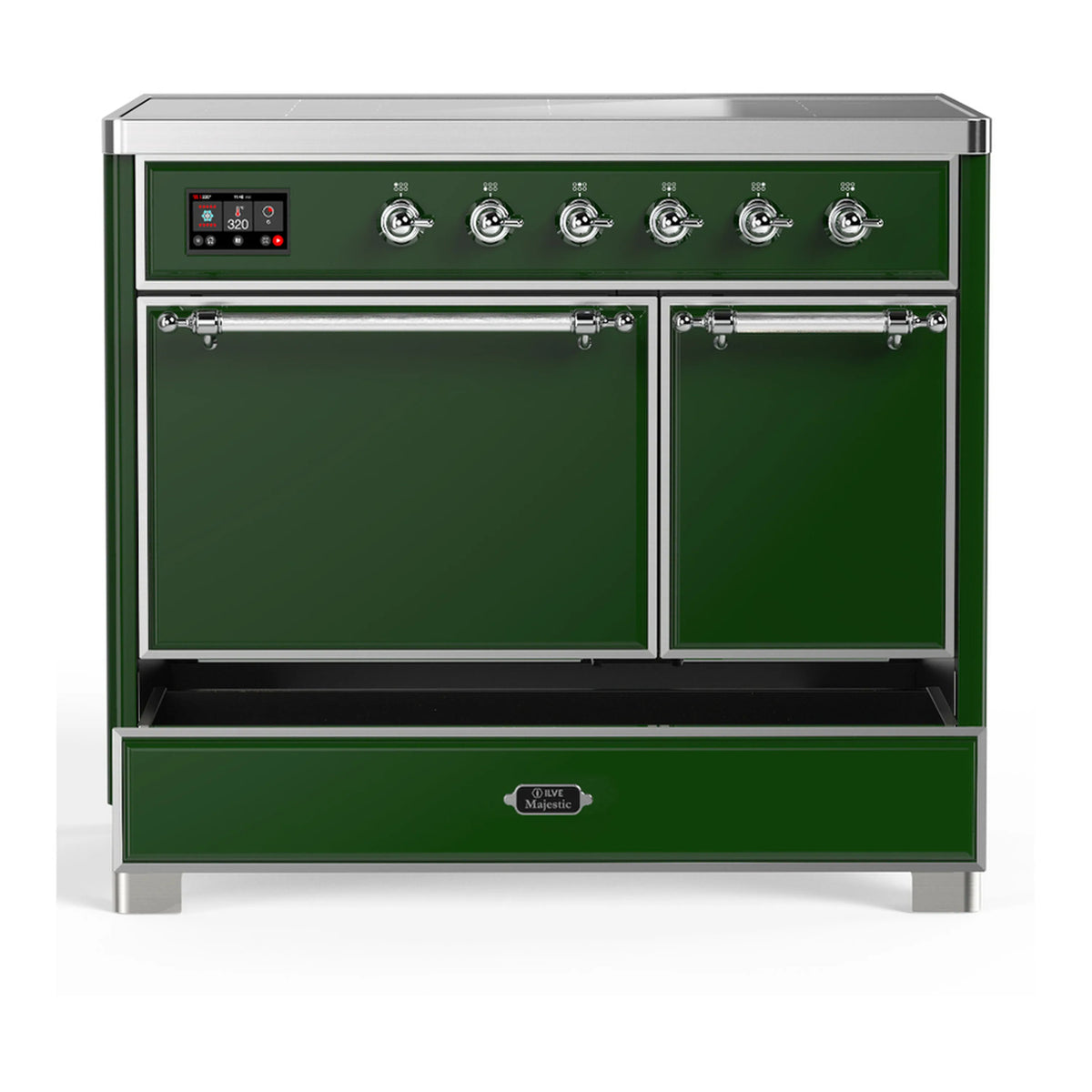 Emerald green induction range with oven doors open and storage drawer pulled out