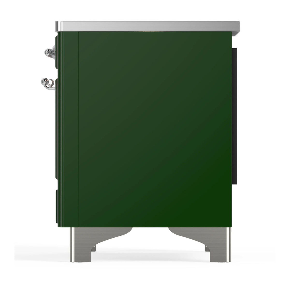 Emerald green induction range side view with chrome trim and handle hardware