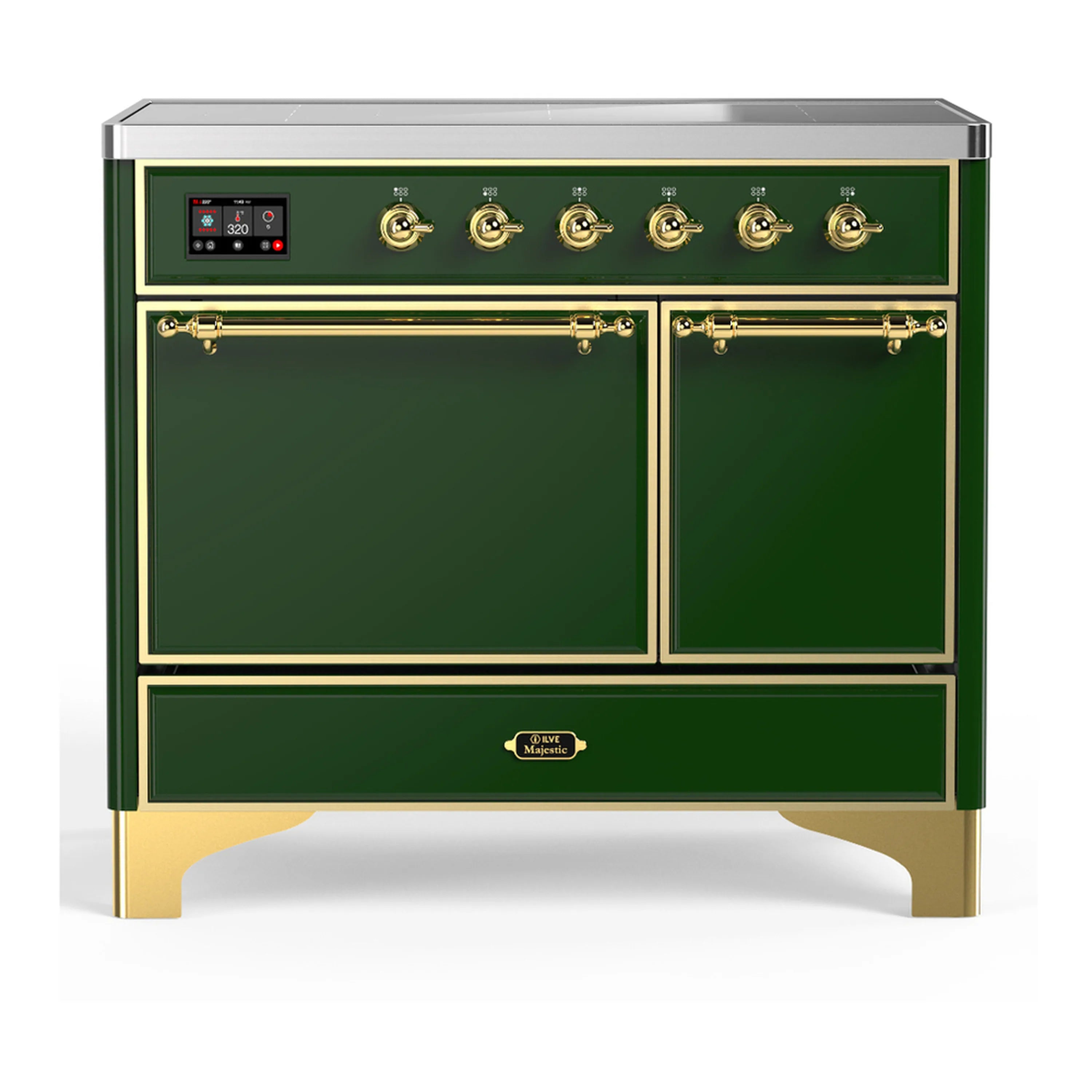 Emerald green induction range with brass trim, dual doors, and control panel on top