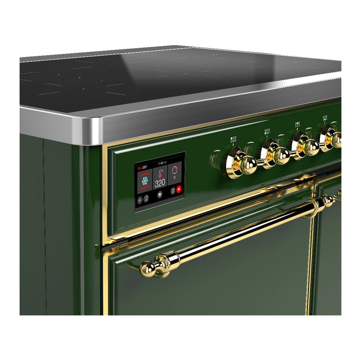 Induction range control panel with digital display, brass knobs, and brass handle trim