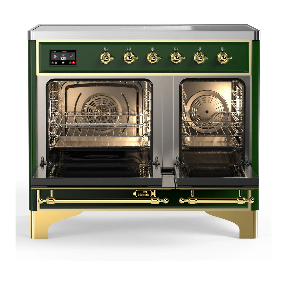 Emerald green induction range with open electric oven, racks and interior fan visible