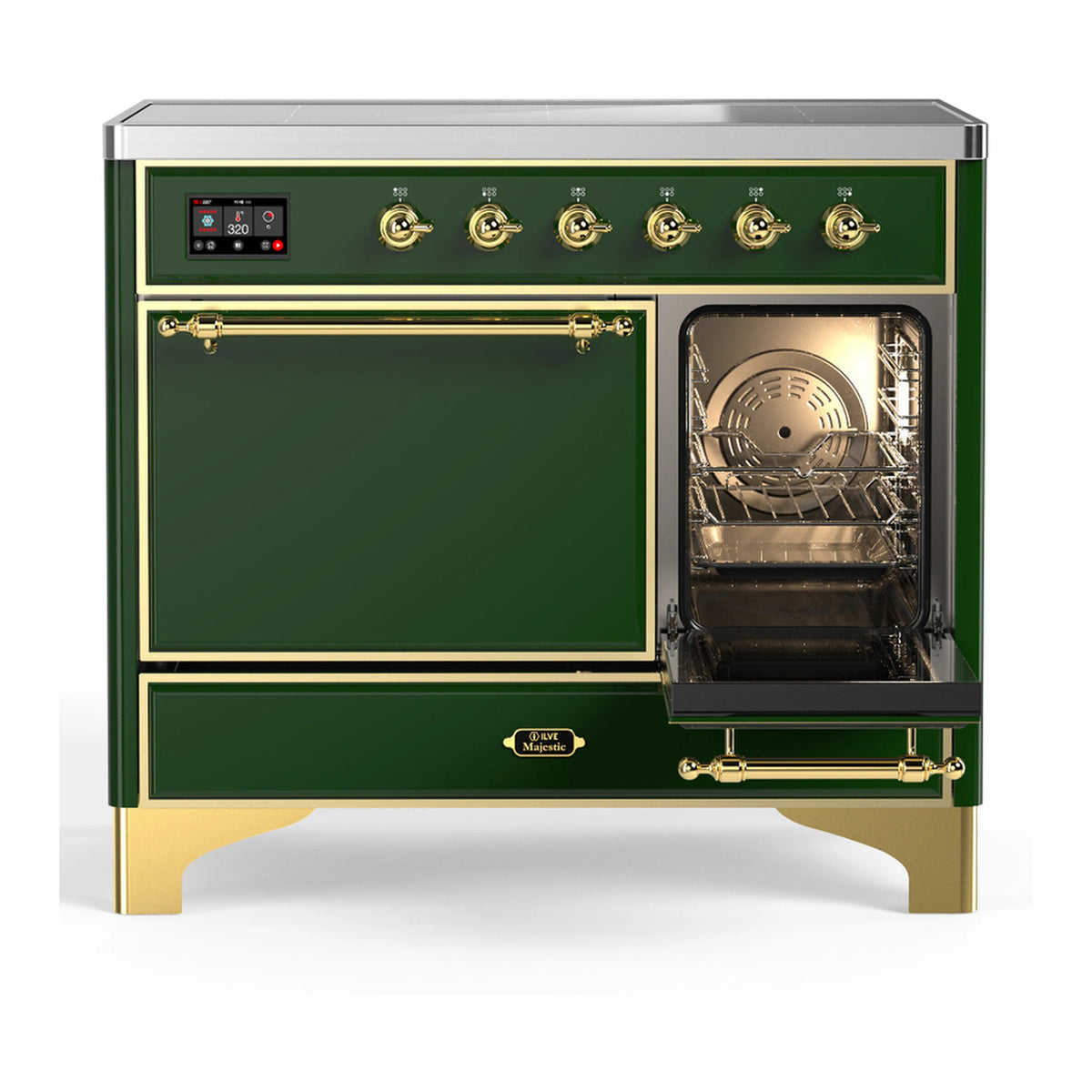 Emerald green induction range with open oven door and racks visible inside