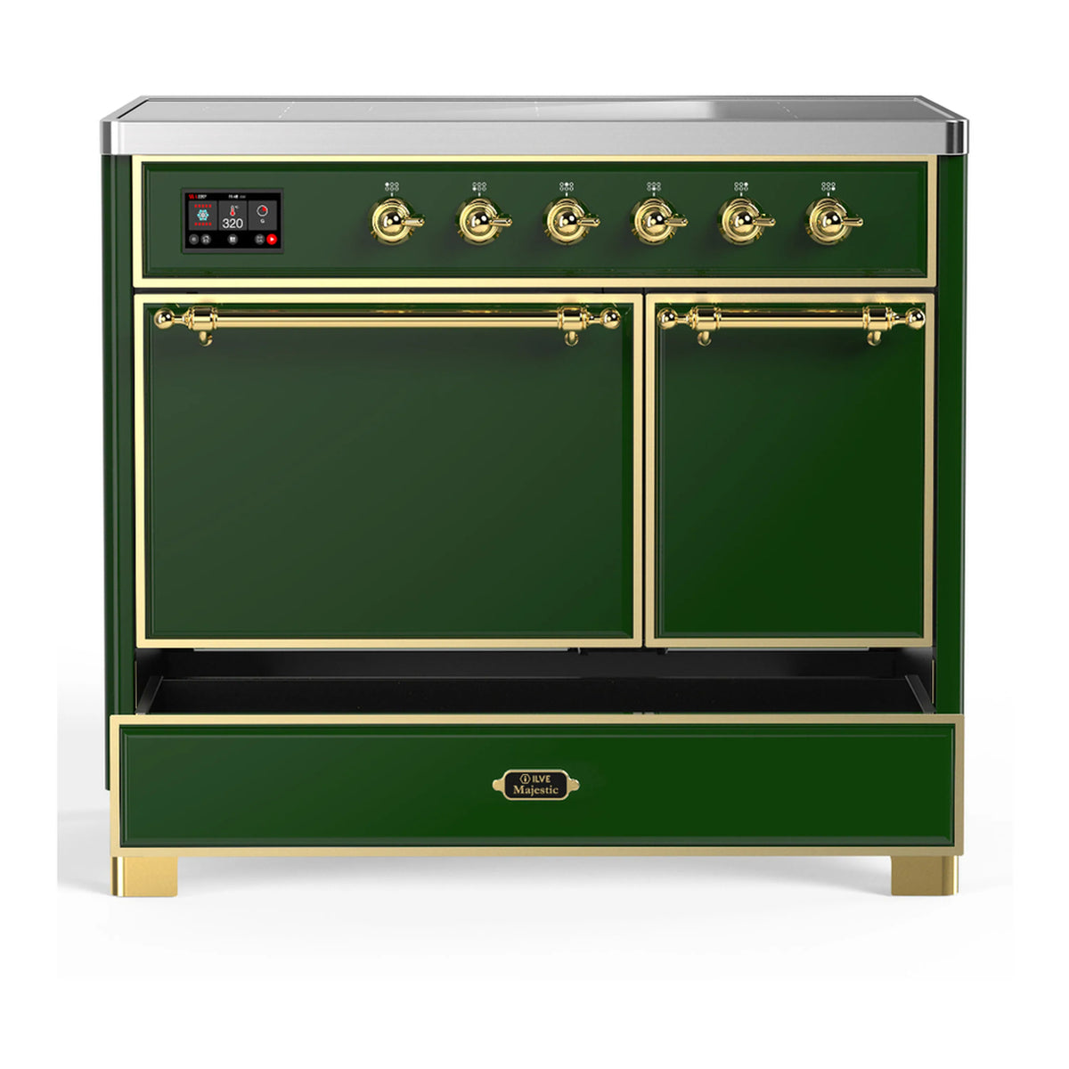 Emerald green induction range with two front doors and storage drawer below