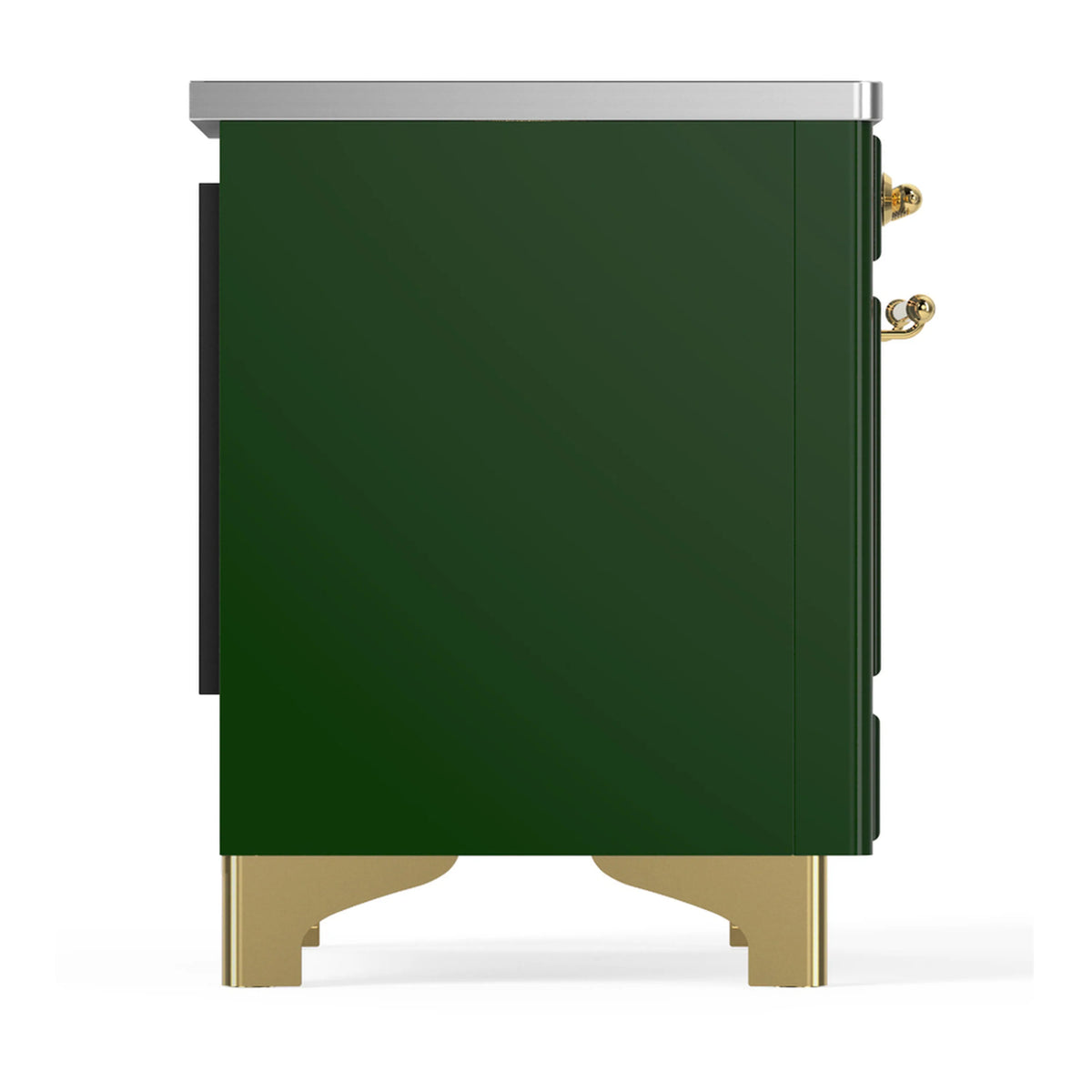 Emerald green induction range side panel with brass feet and stainless top edge