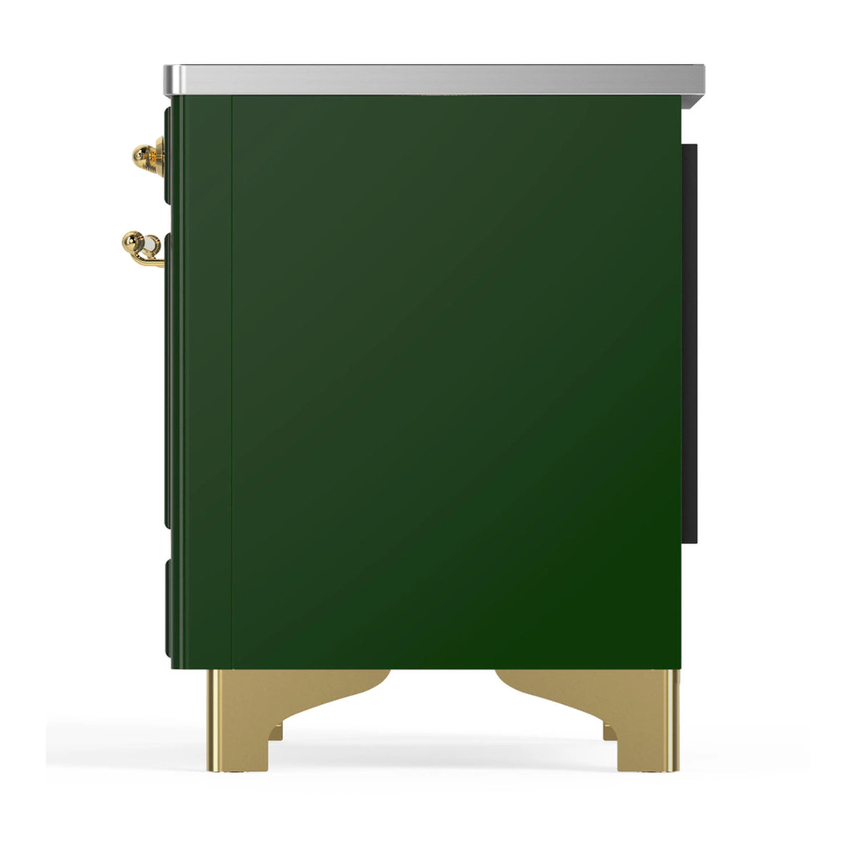 Emerald green induction range side view with brass handles and feet