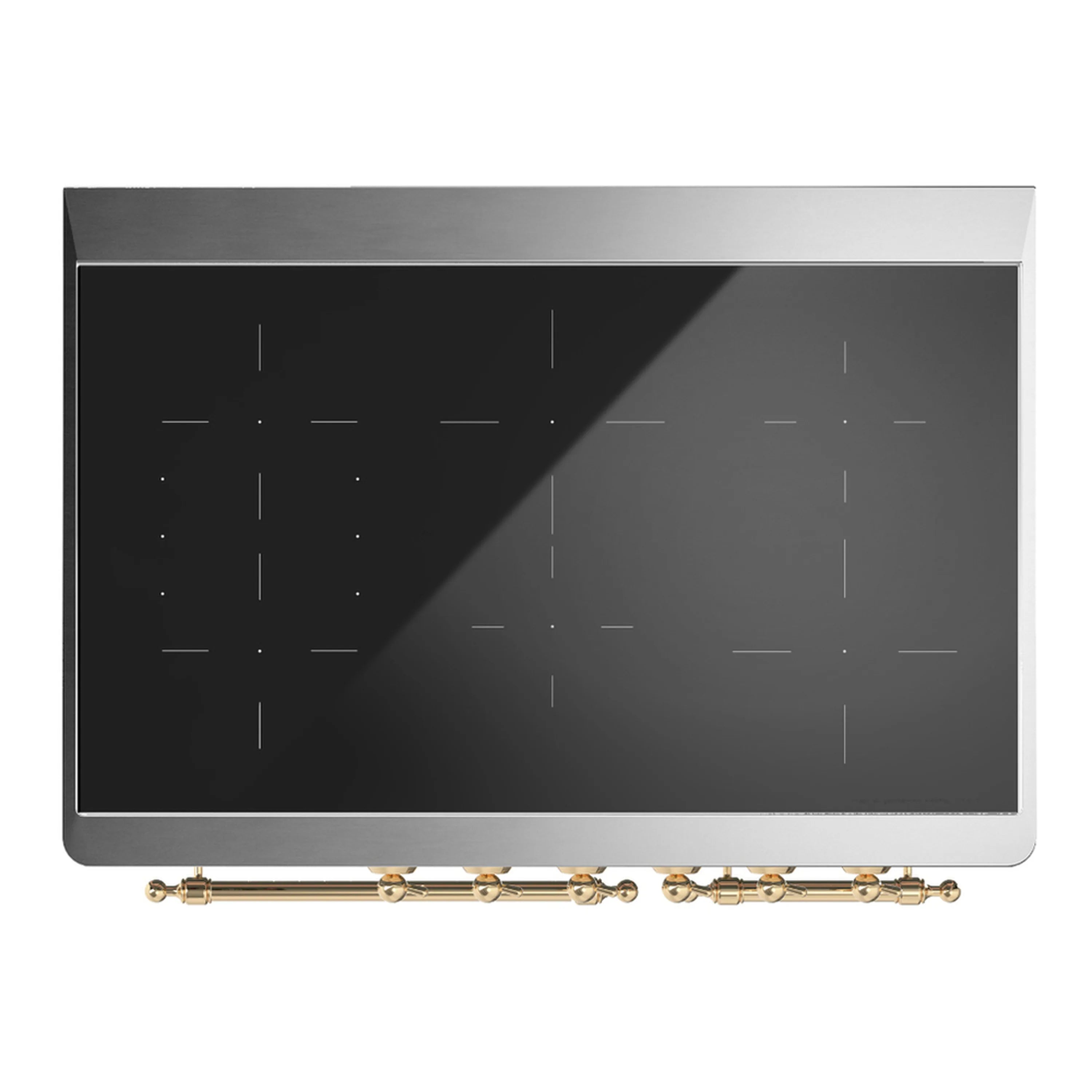 Induction cooktop glass surface with burner controls and brass rail at front