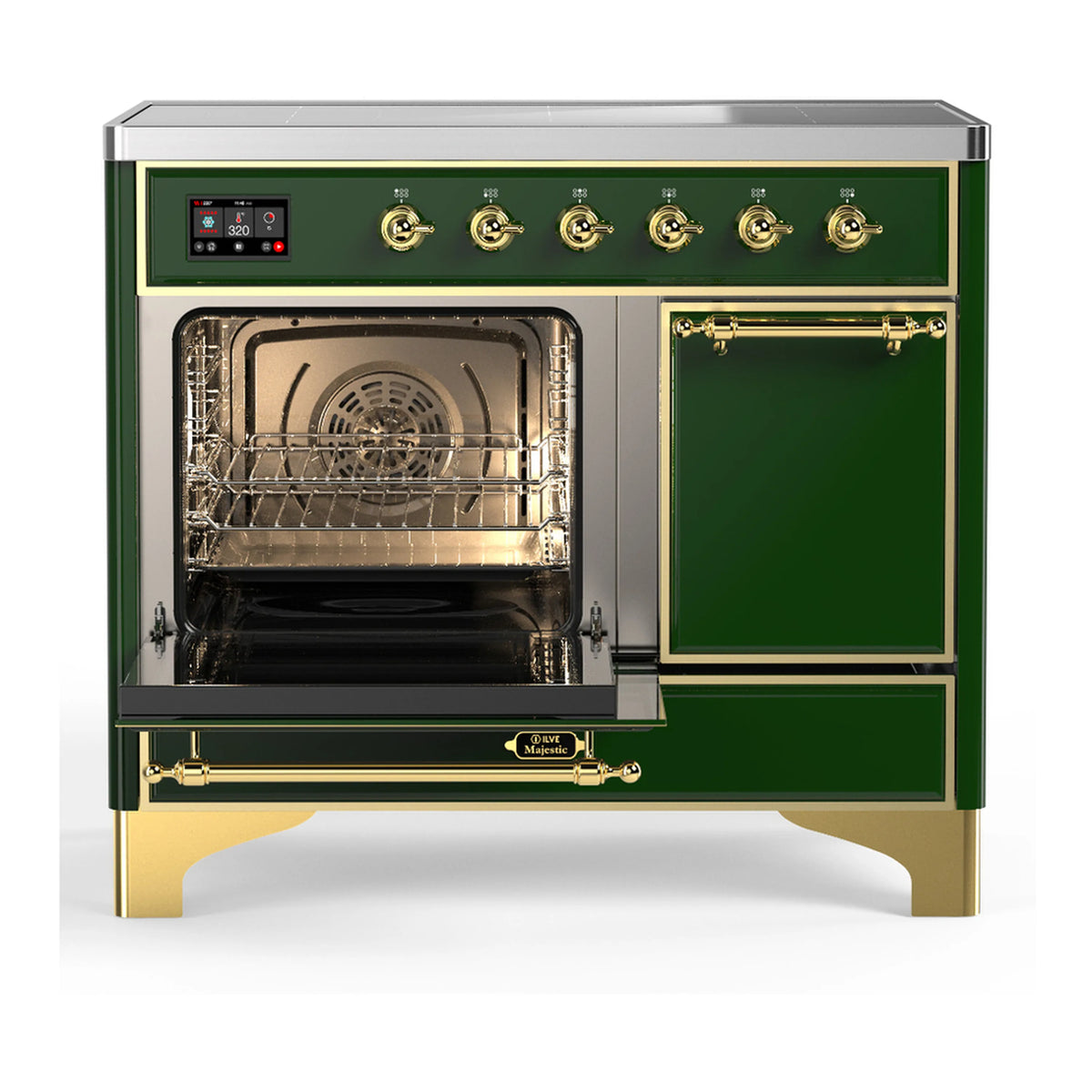 Emerald green induction range with oven open, interior racks and fan visible