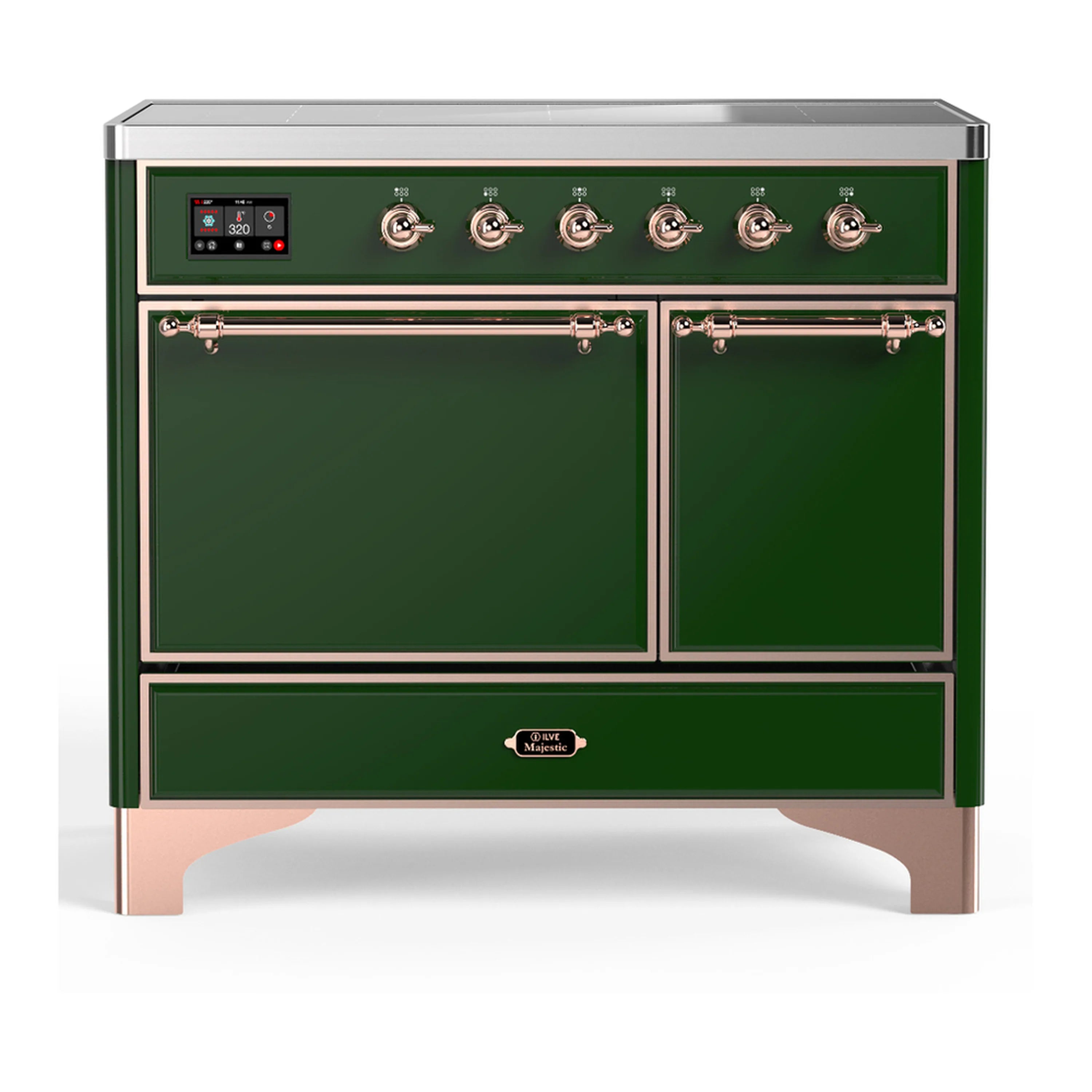 Emerald green induction range with copper knobs, two solid oven doors, and stainless top