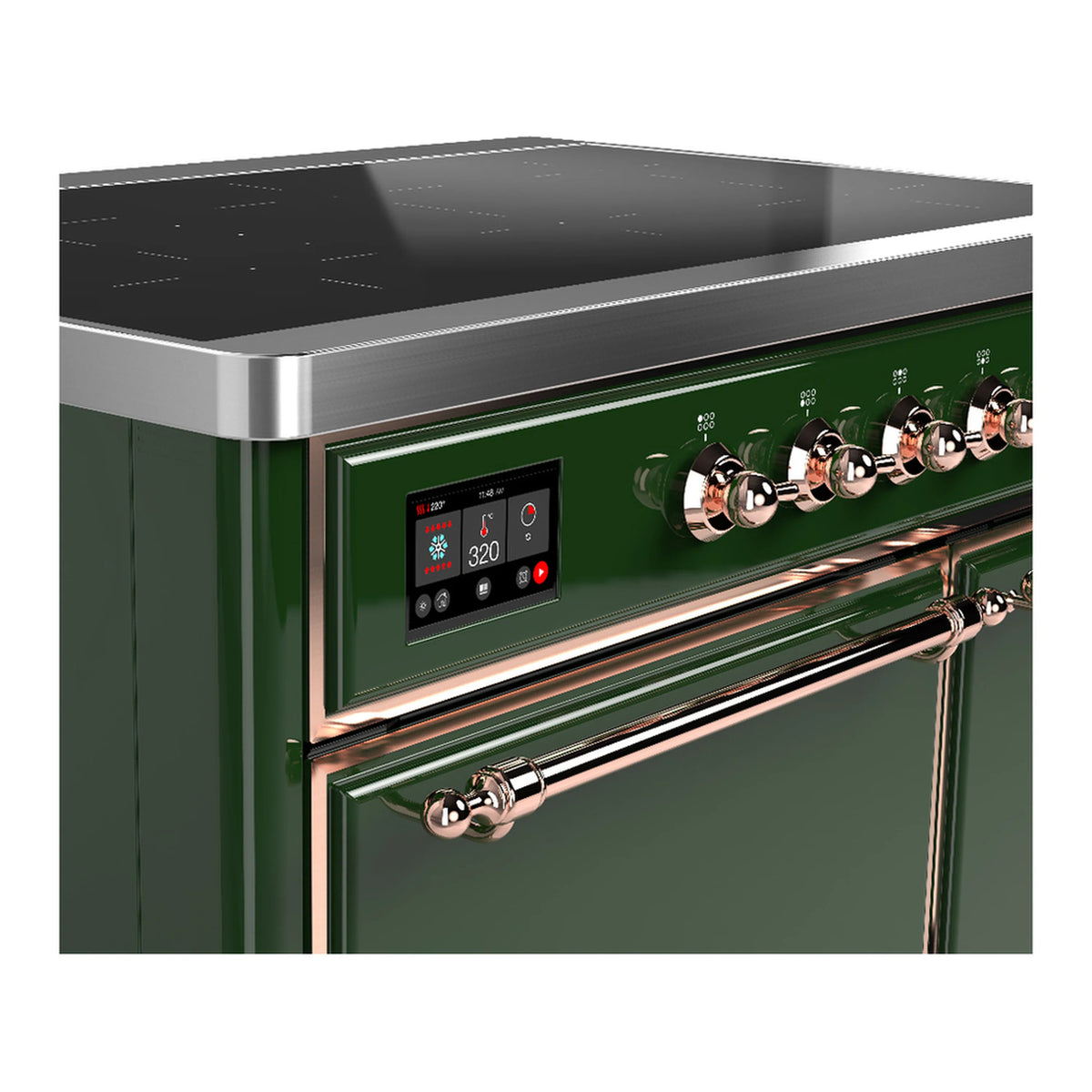Induction range control panel with digital display and copper-trimmed knob handles