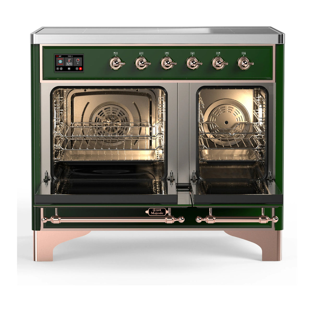 Emerald green induction range with open electric oven door and stainless racks inside