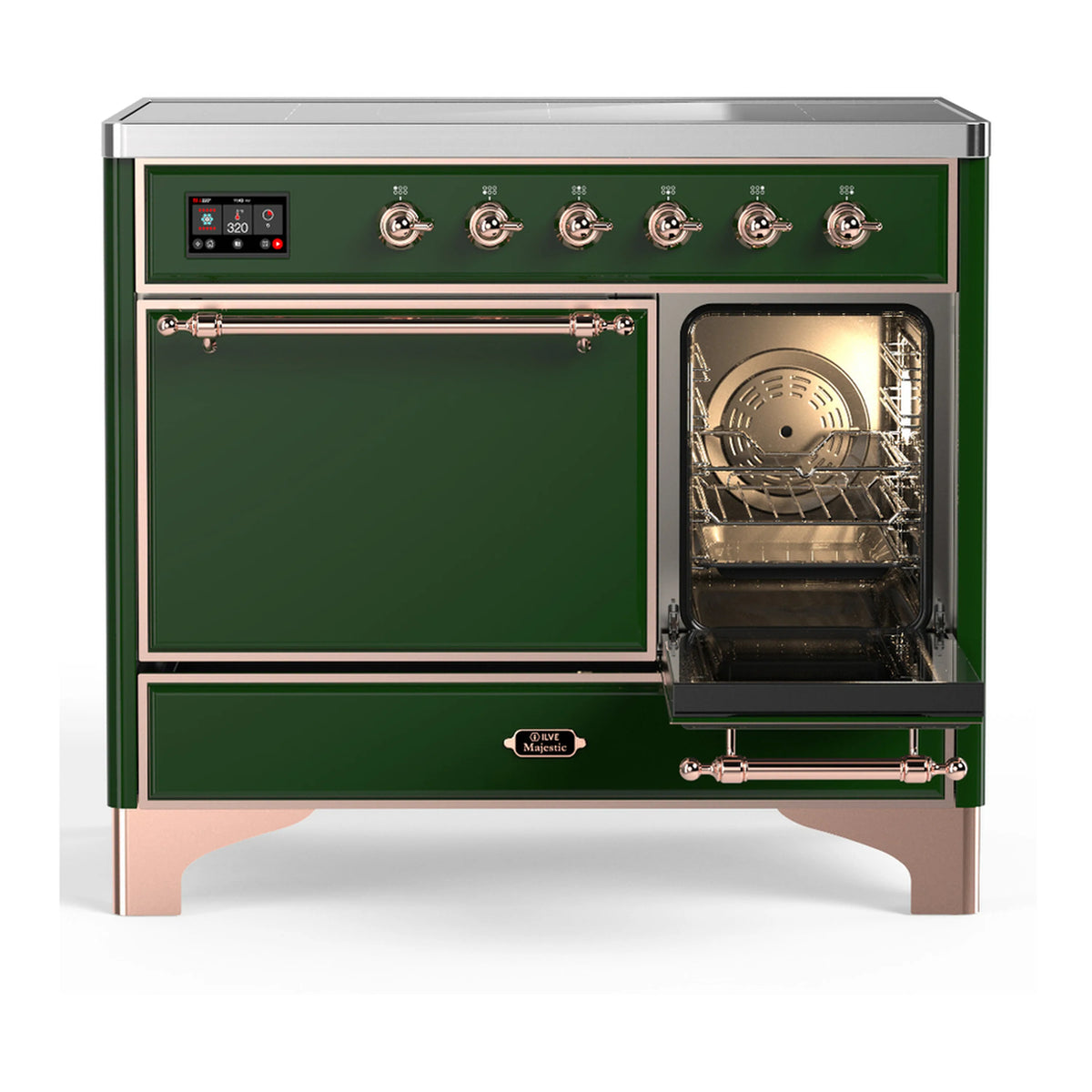 Induction range with open oven window, emerald doors, and copper handle trim