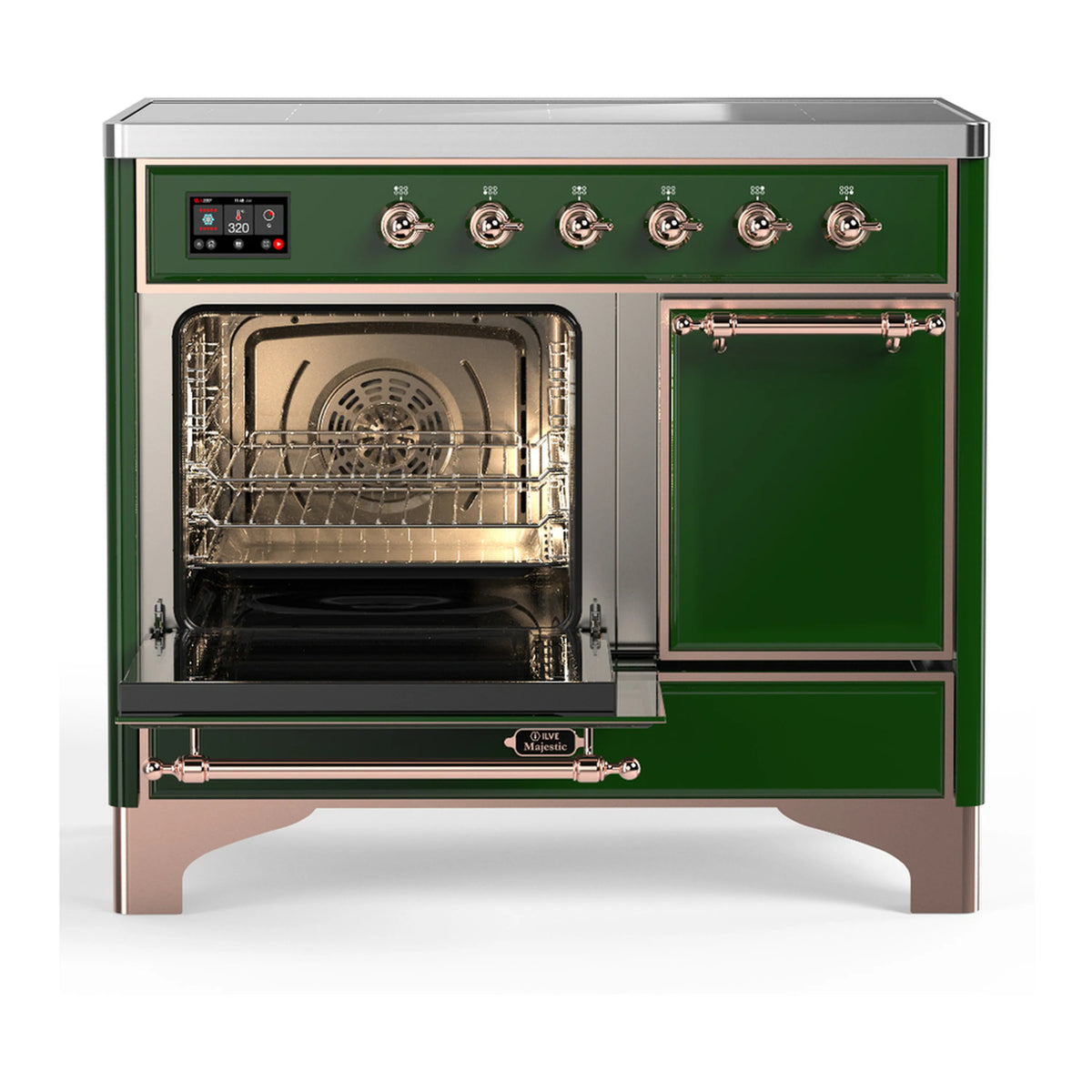Induction range with open oven cavity, emerald cabinet panels, and copper handle trim