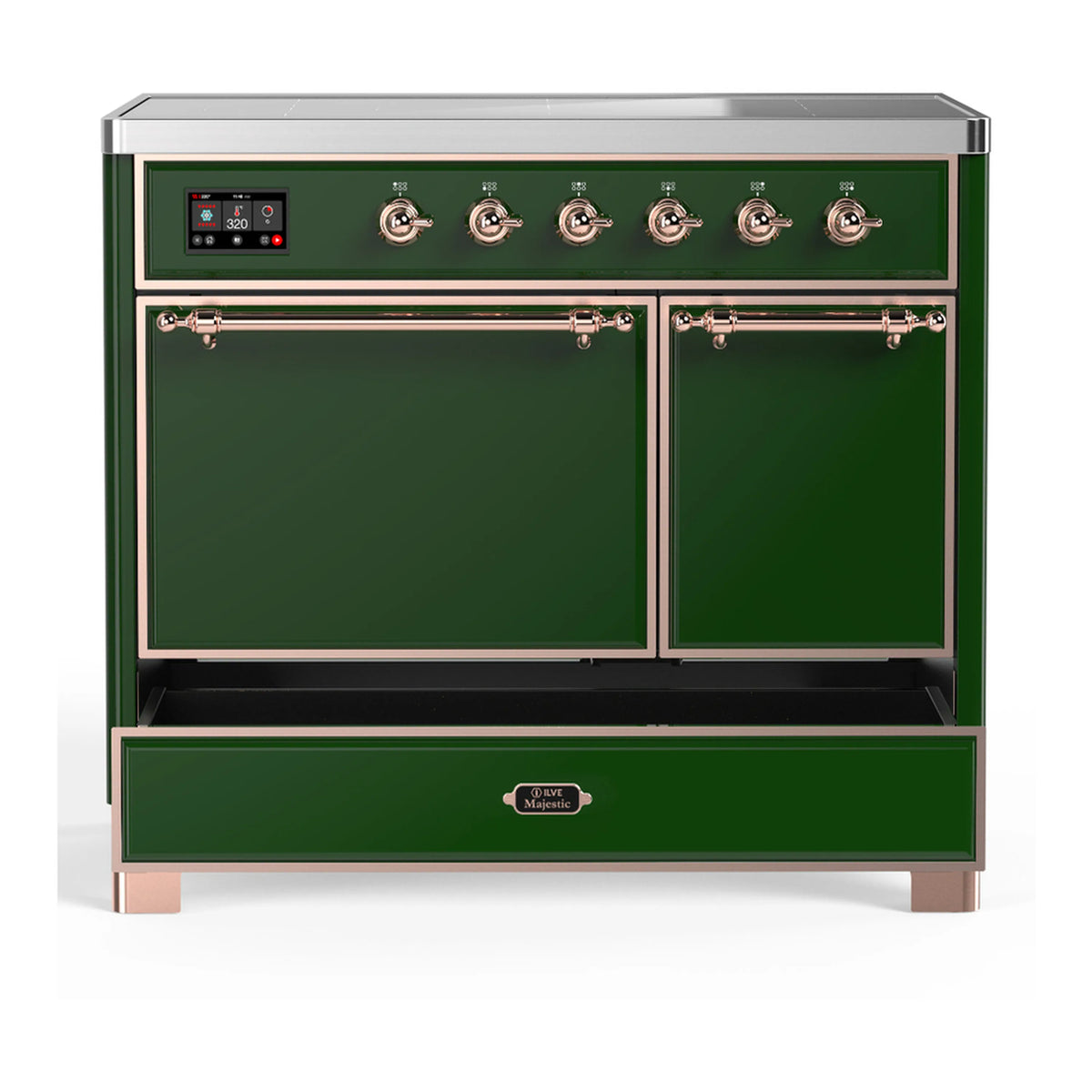 Induction range with open storage drawer, emerald doors, and copper control knobs