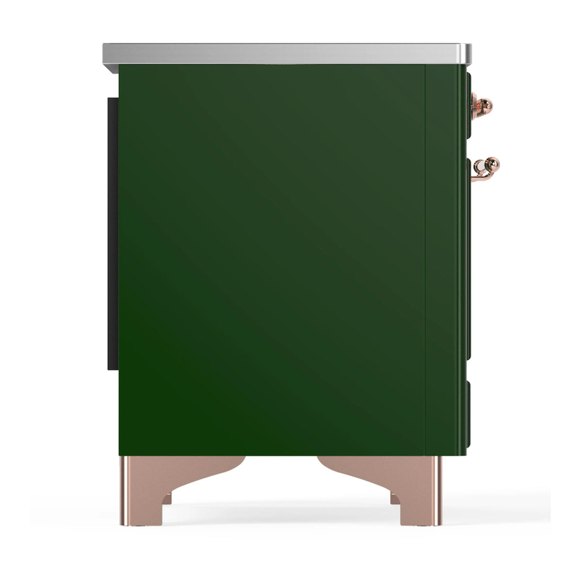 Emerald green oven door side view with copper handle and trim hardware