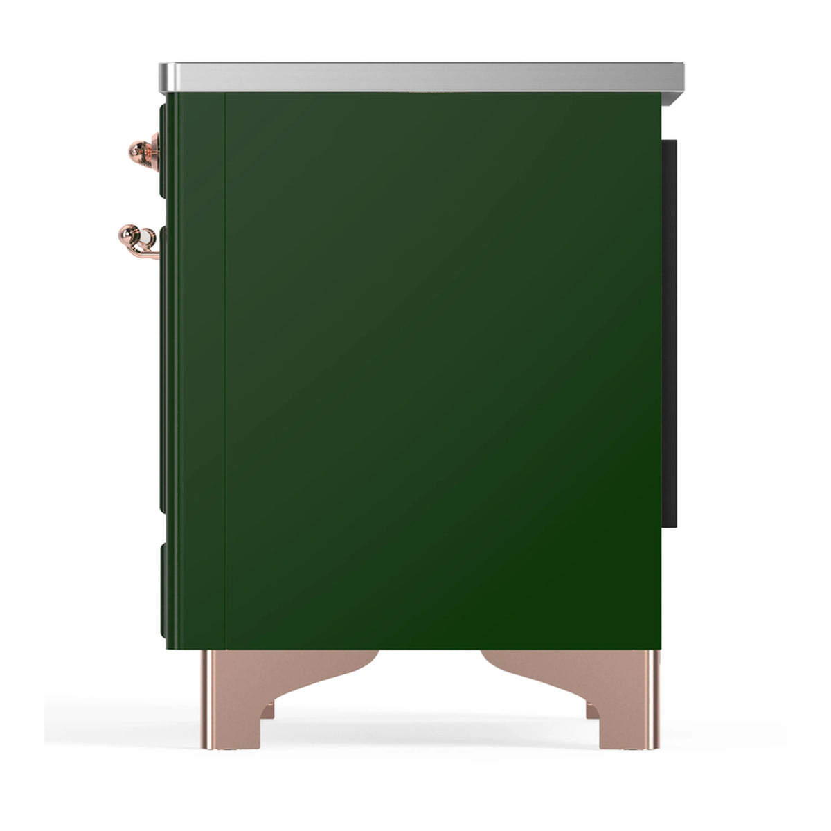 Emerald green oven door side view with copper trim and side handle hardware