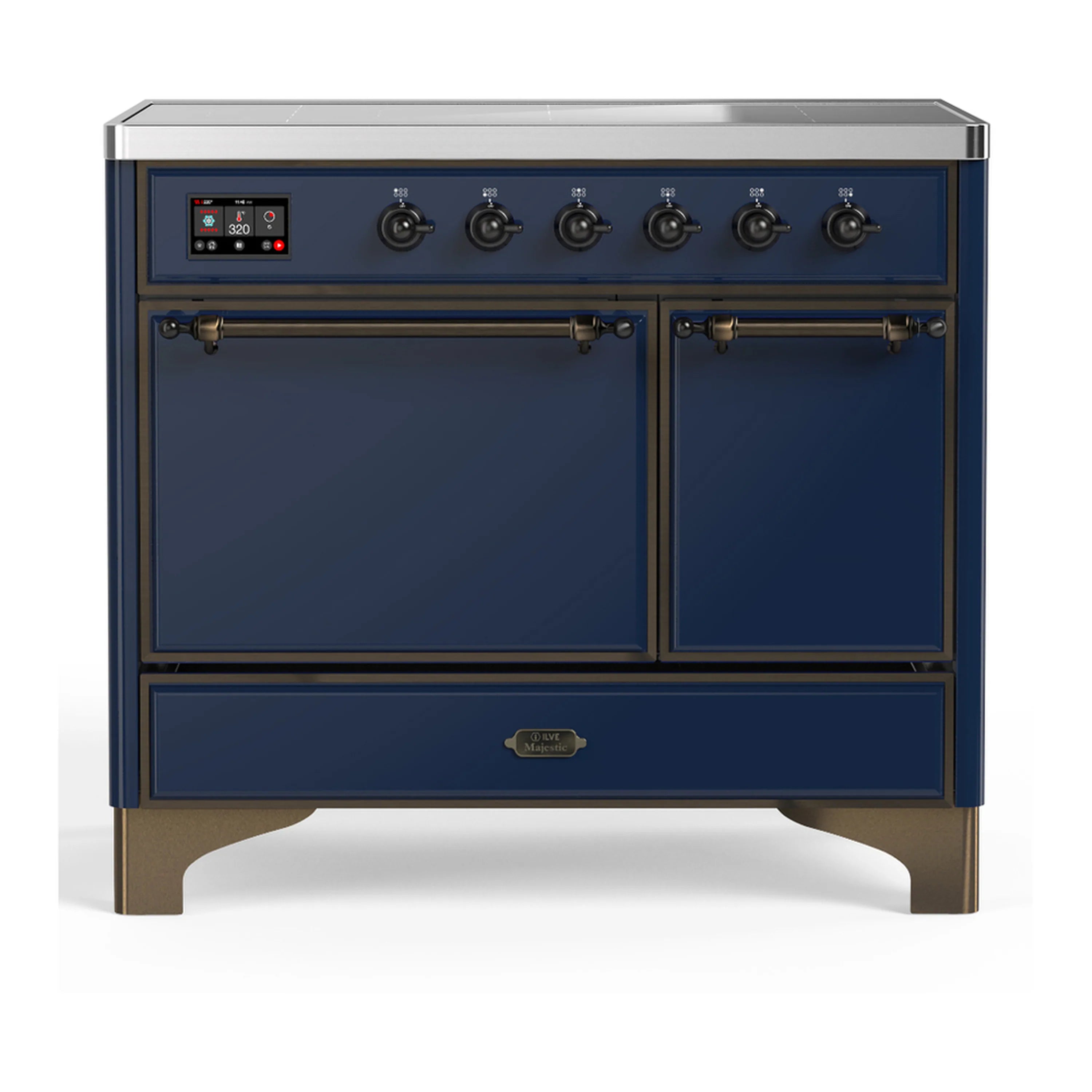 ILVE 40-inch induction range in midnight blue with solid electric oven and brass trim