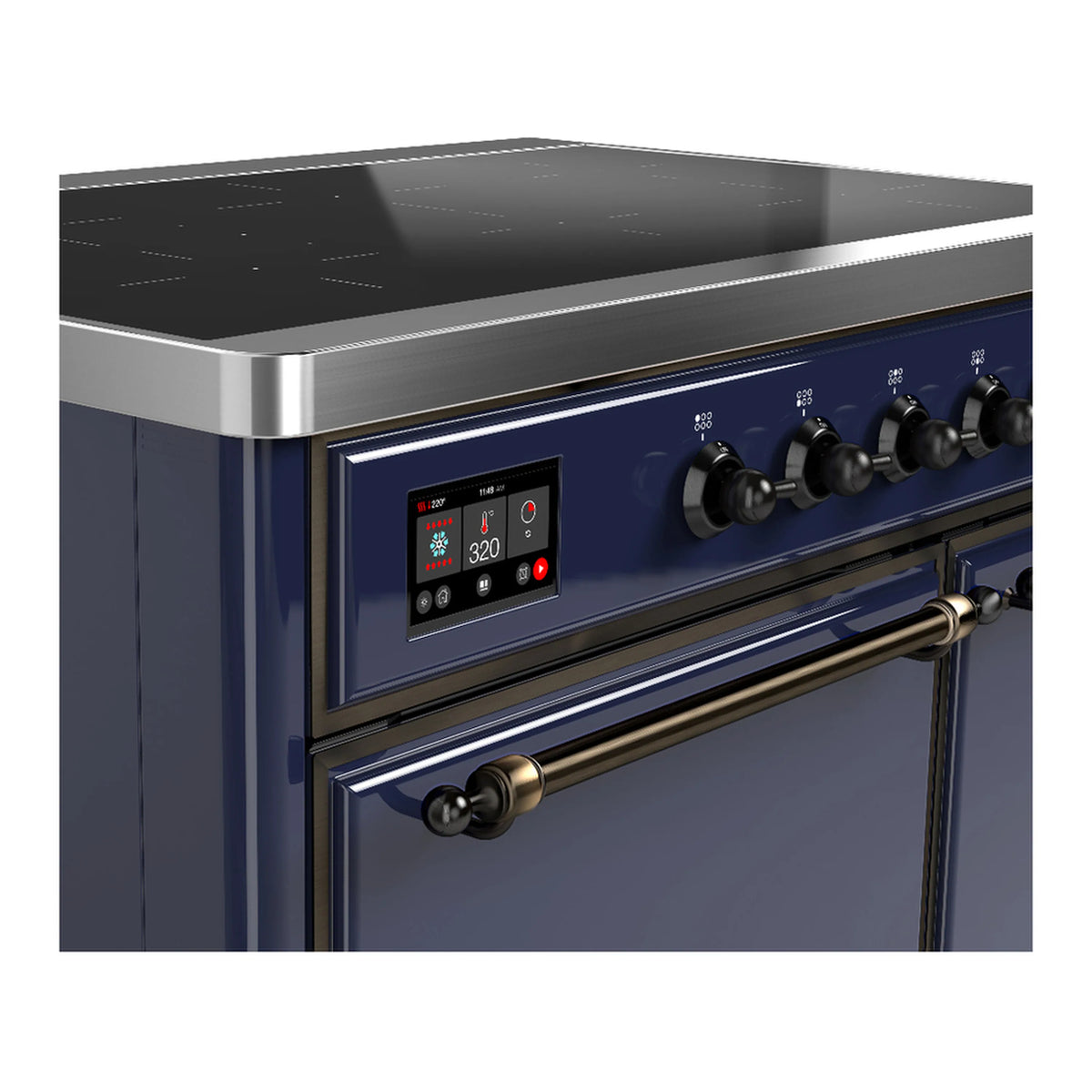ILVE induction range control panel with digital display and midnight-blue front panel