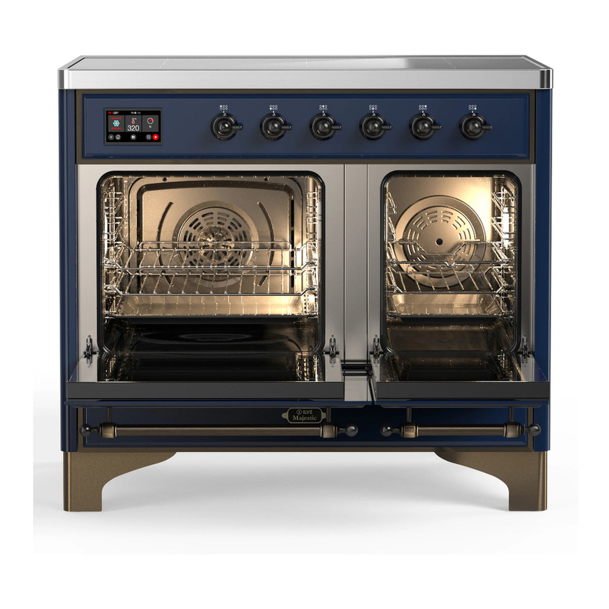 ILVE induction range oven with both doors open, showing two racks inside