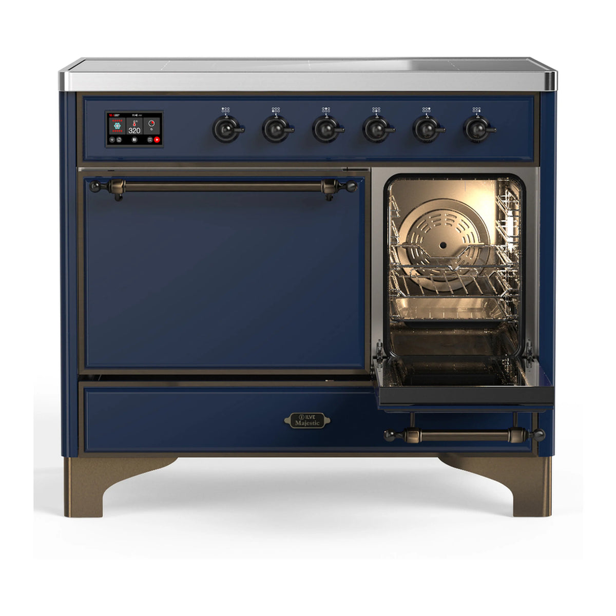 ILVE induction range oven door open with illuminated interior and wire rack