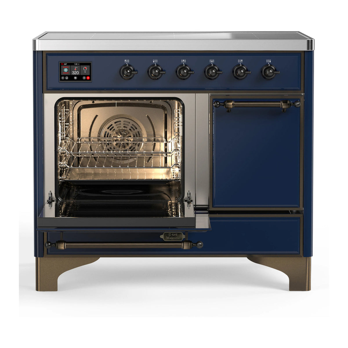 ILVE induction range with left oven door open, showing rack and interior fan