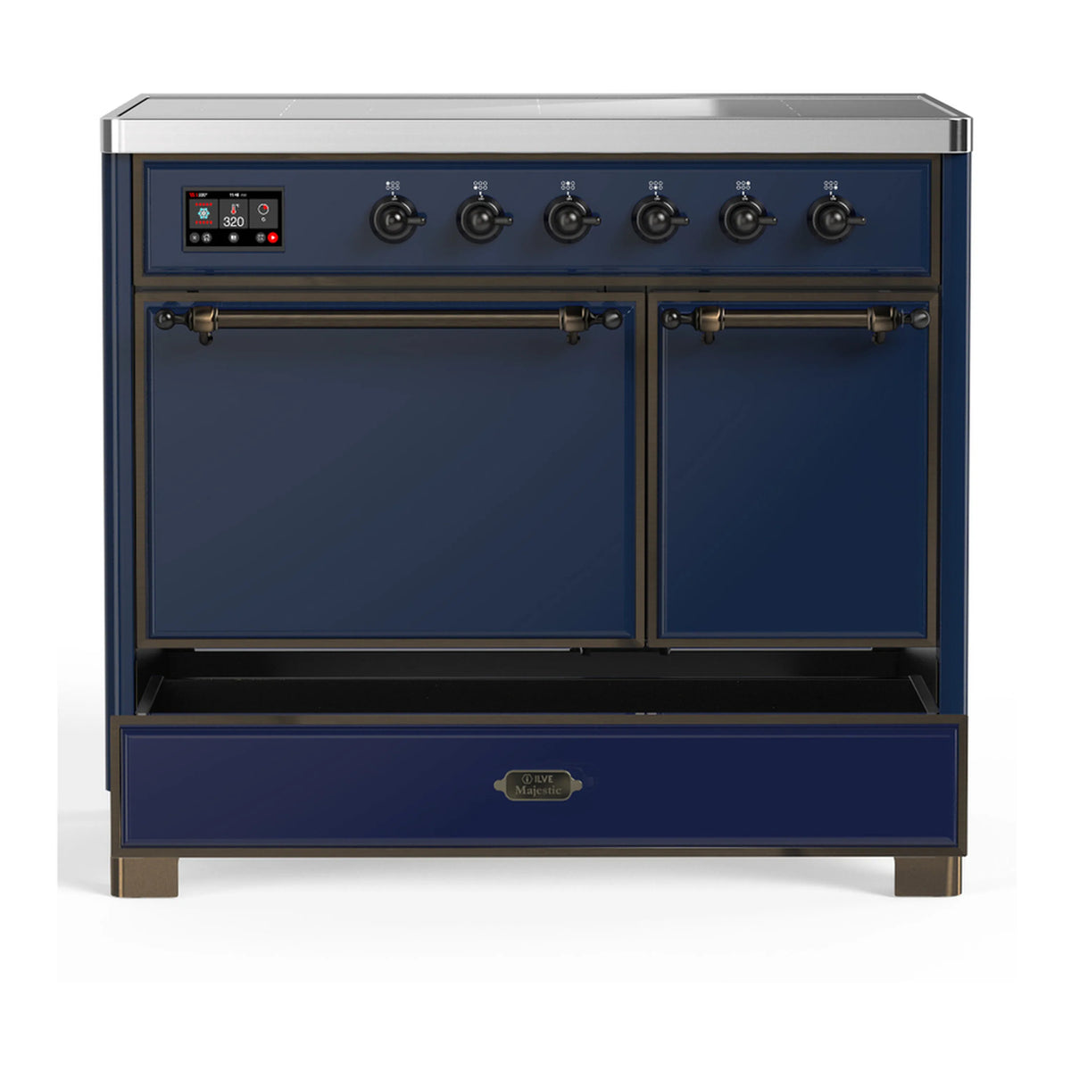 ILVE induction range with cooktop controls and lower drawer open in midnight blue