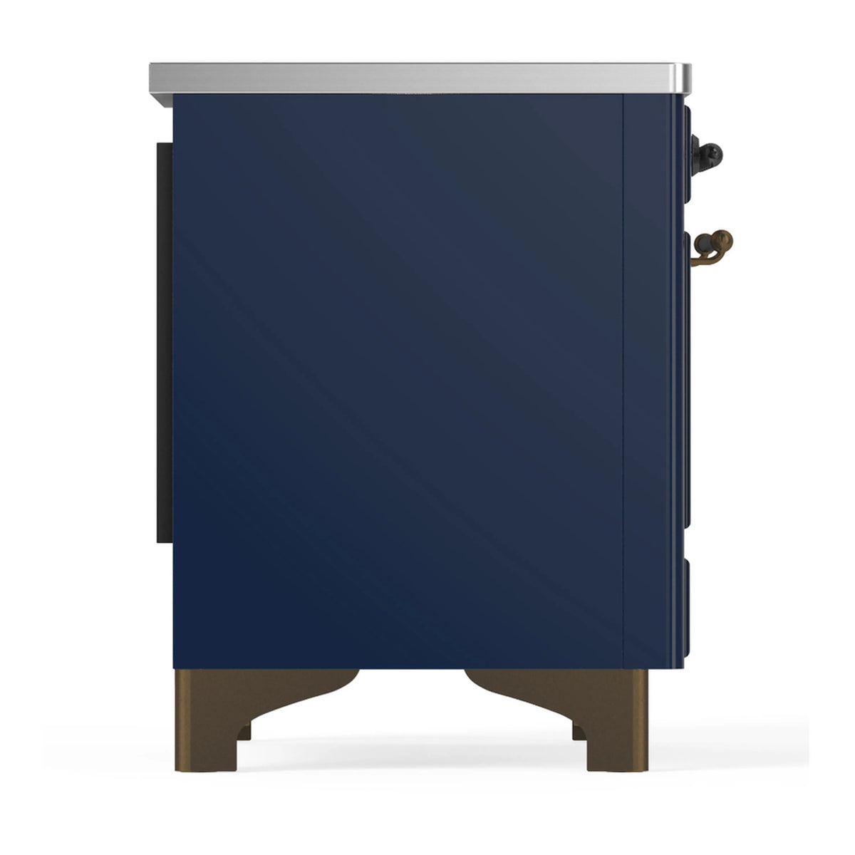ILVE induction range side view in midnight blue with stainless top and trim
