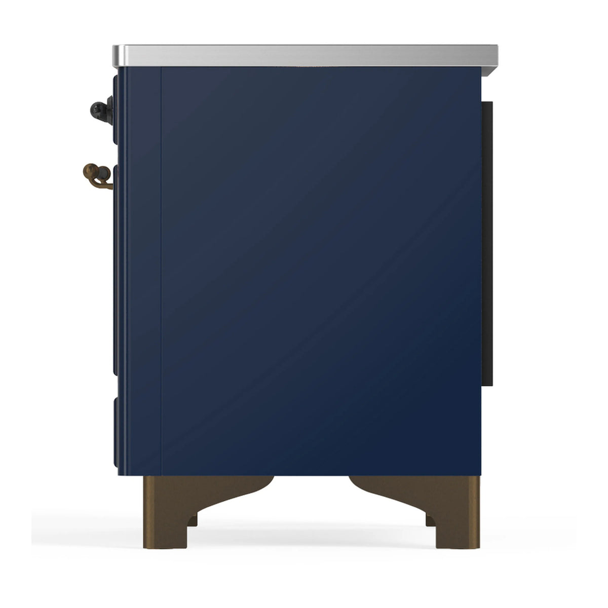 ILVE induction range side view with handle details, midnight blue body, stainless top