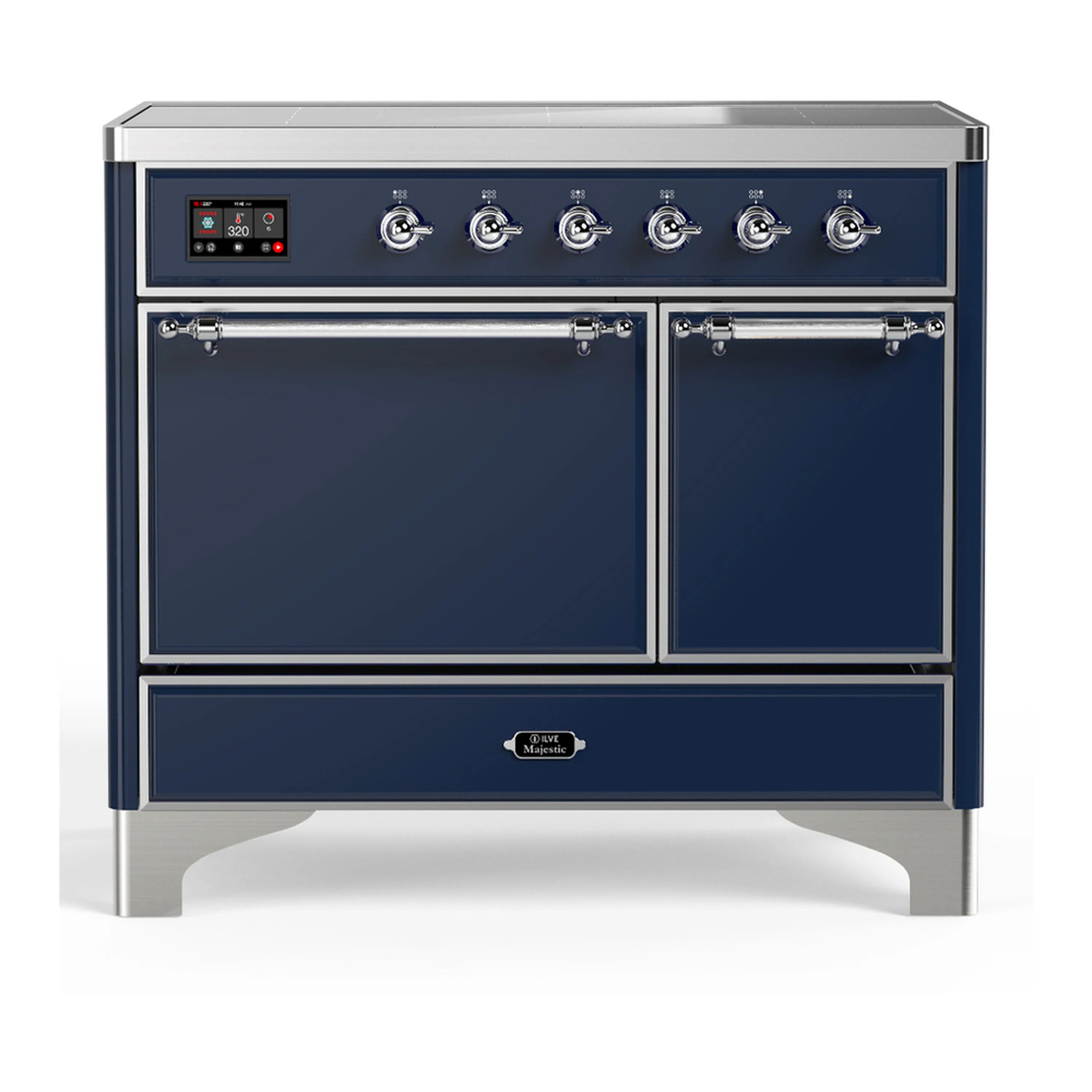 Induction range with two oven doors, control panel, and chrome knobs; midnight blue.
