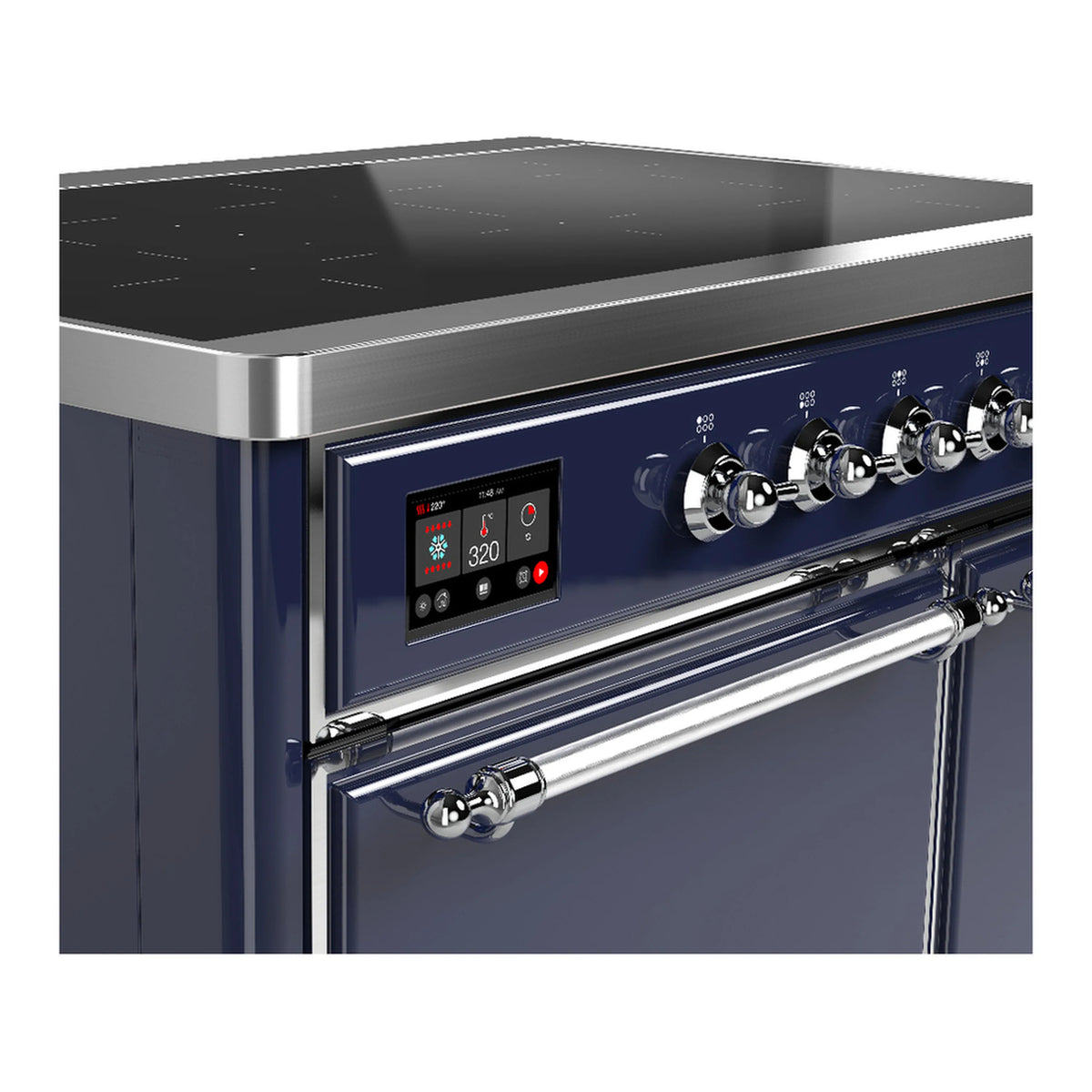 Induction range control panel with chrome knobs and display; midnight blue.