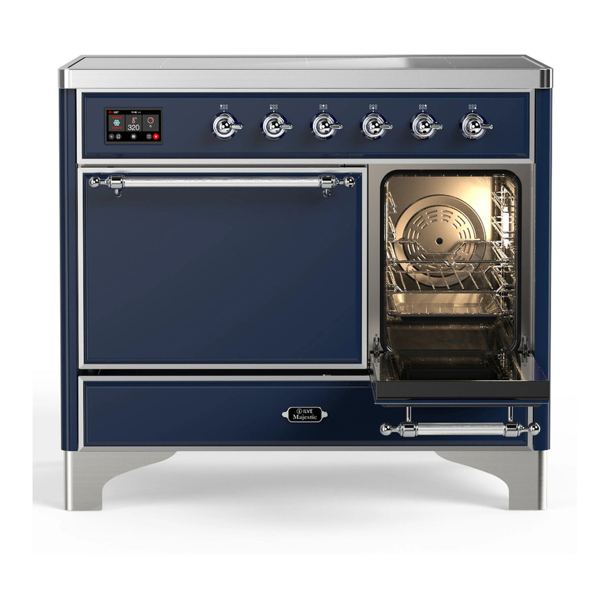 Induction range with open oven door and interior racks; midnight blue.