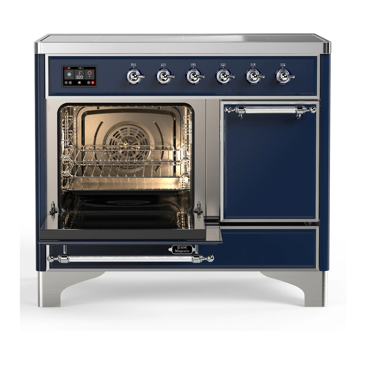 Induction range with open oven and closed warmer/storage door; midnight blue.
