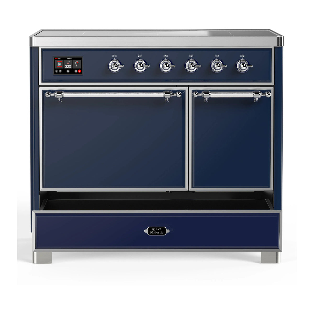 Induction range with closed oven door and storage drawer; midnight blue.