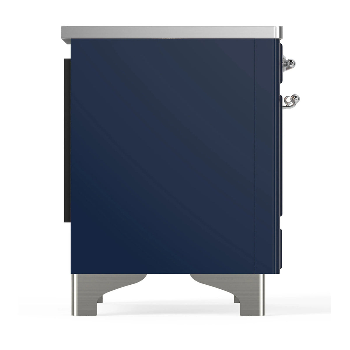 Induction range side panel with chrome handle and leveling legs; midnight blue.