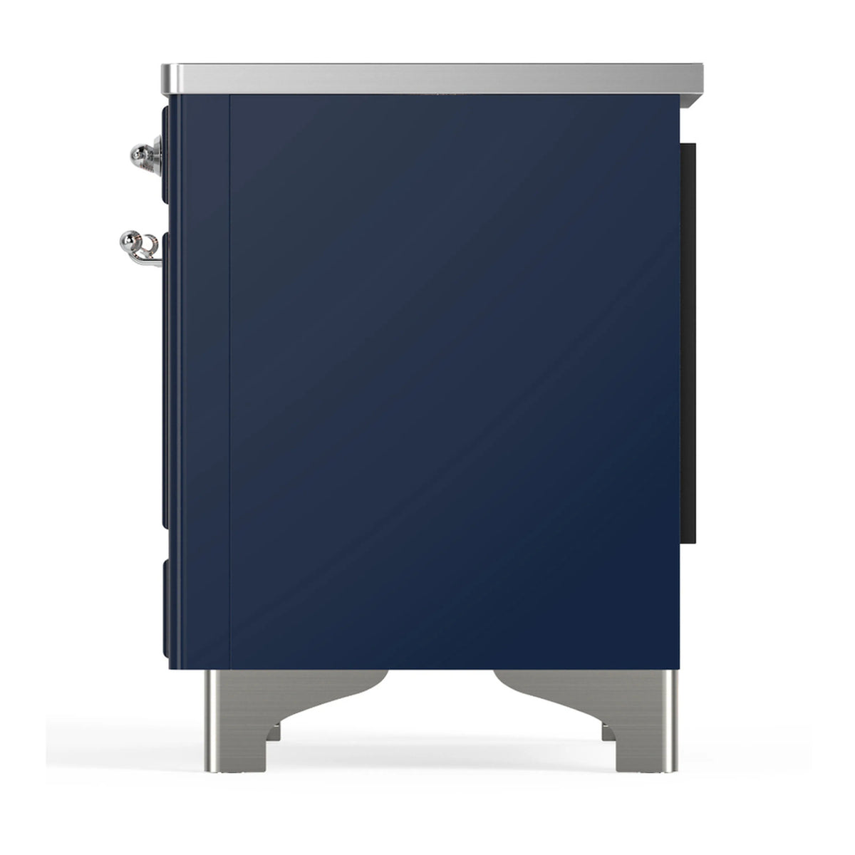 Induction range rear side panel with chrome handle and leveling legs; midnight blue.