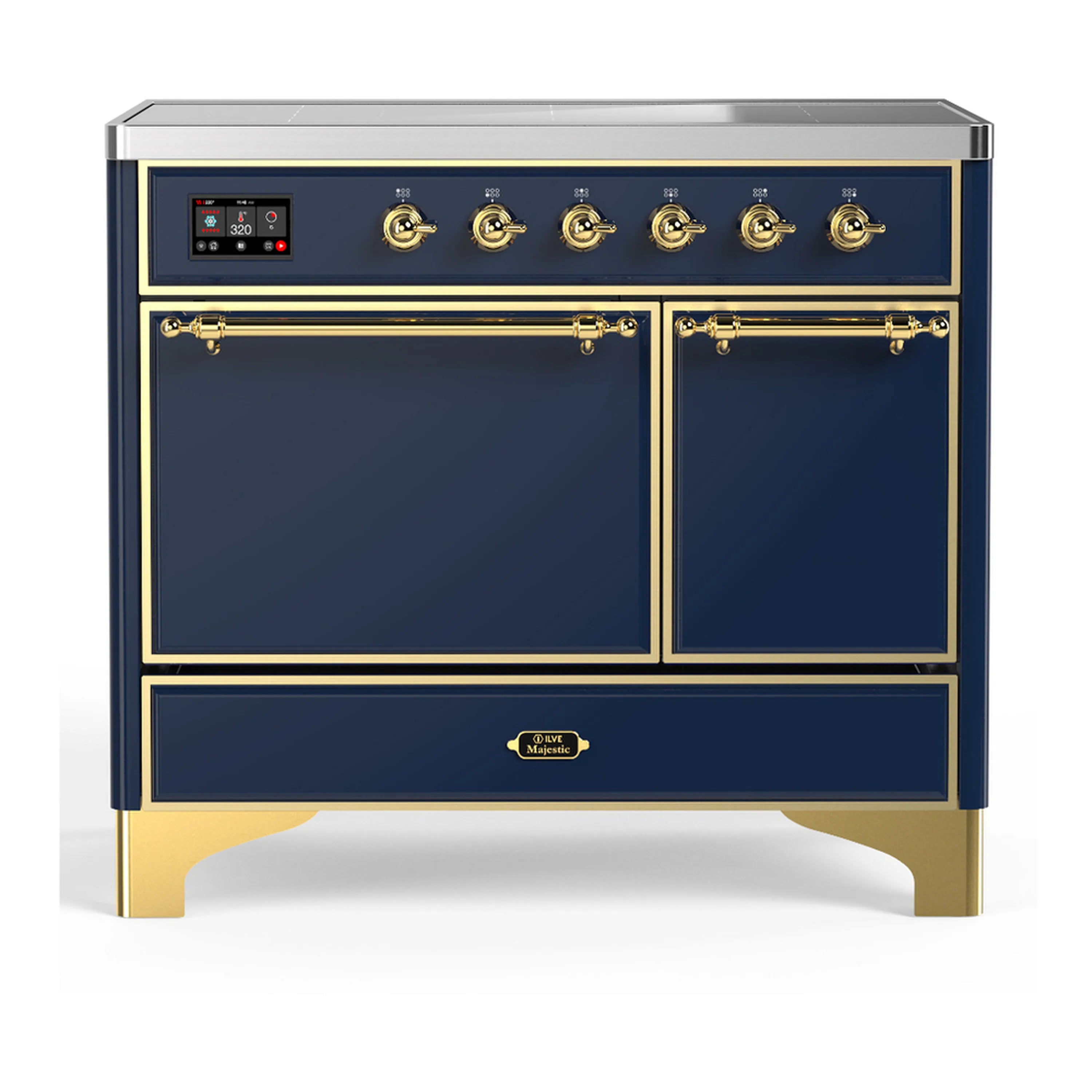 Midnight blue induction range with solid oven doors, brass trim, and 6 cooktop knobs