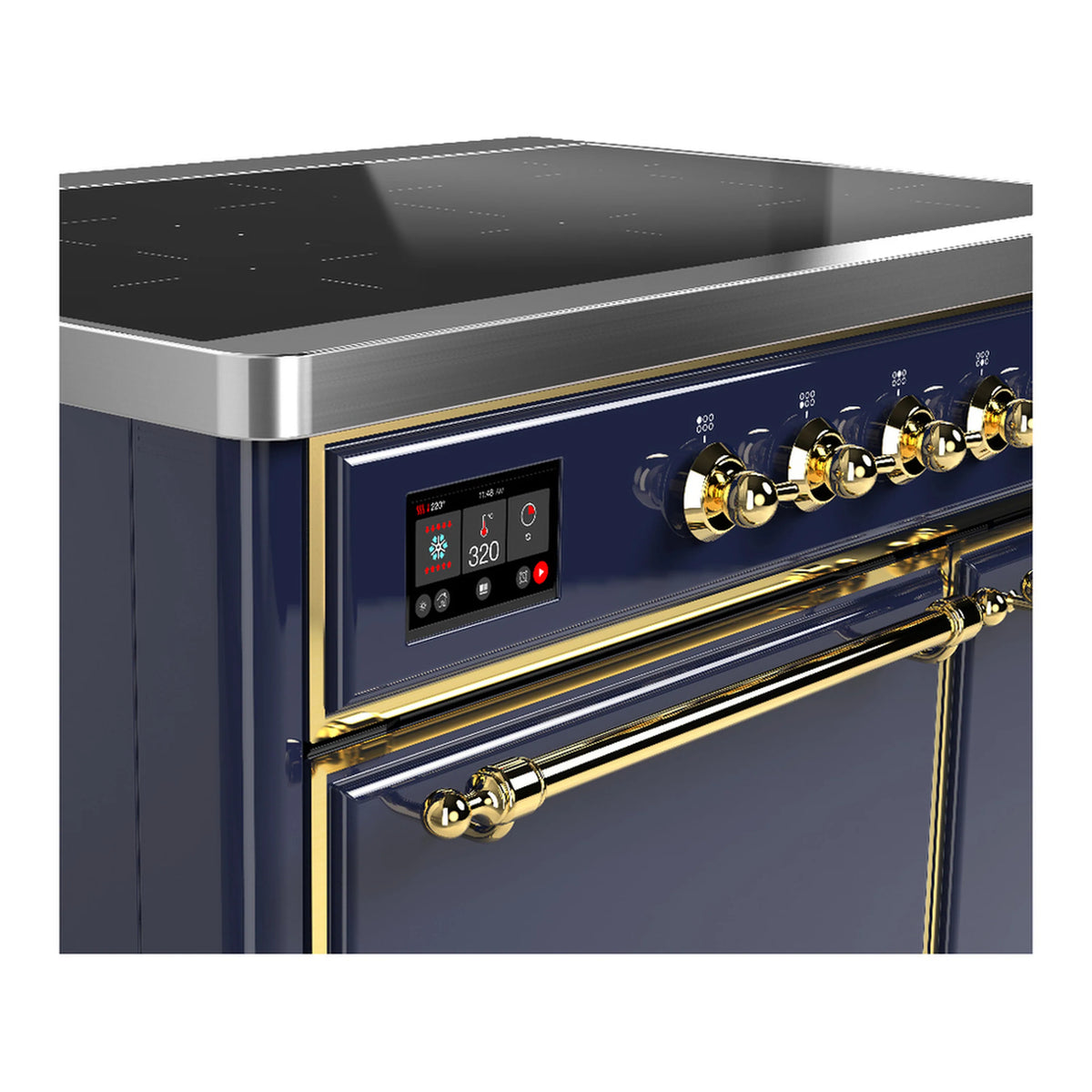 Midnight blue induction range control panel with digital display and brass knob accents