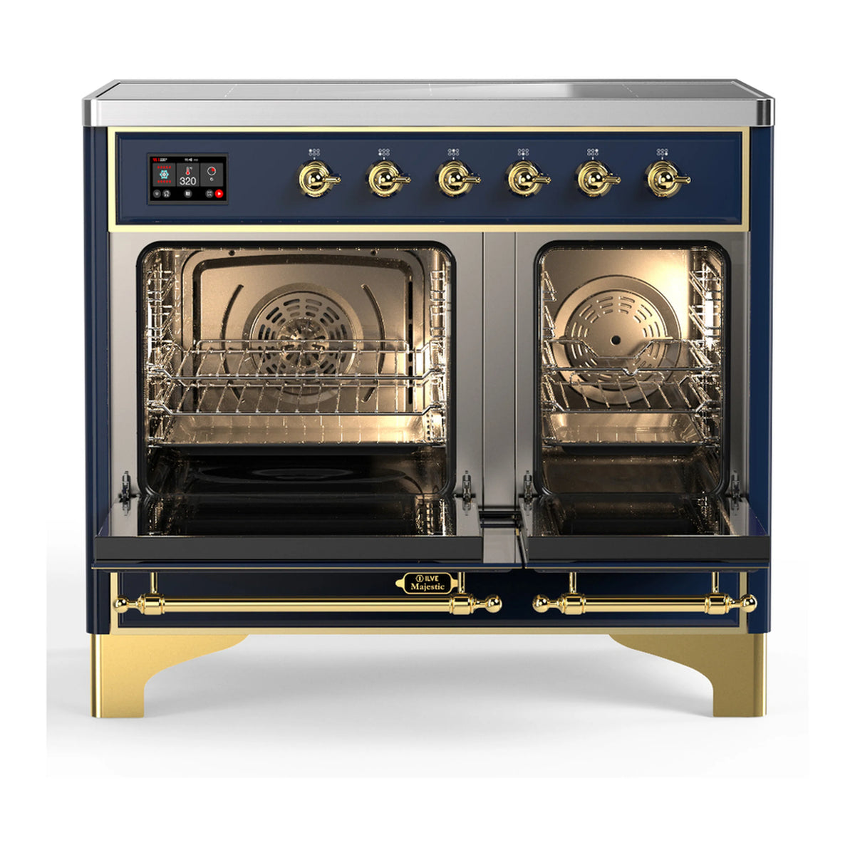 Midnight blue induction range with oven door open, showing racks and interior lighting
