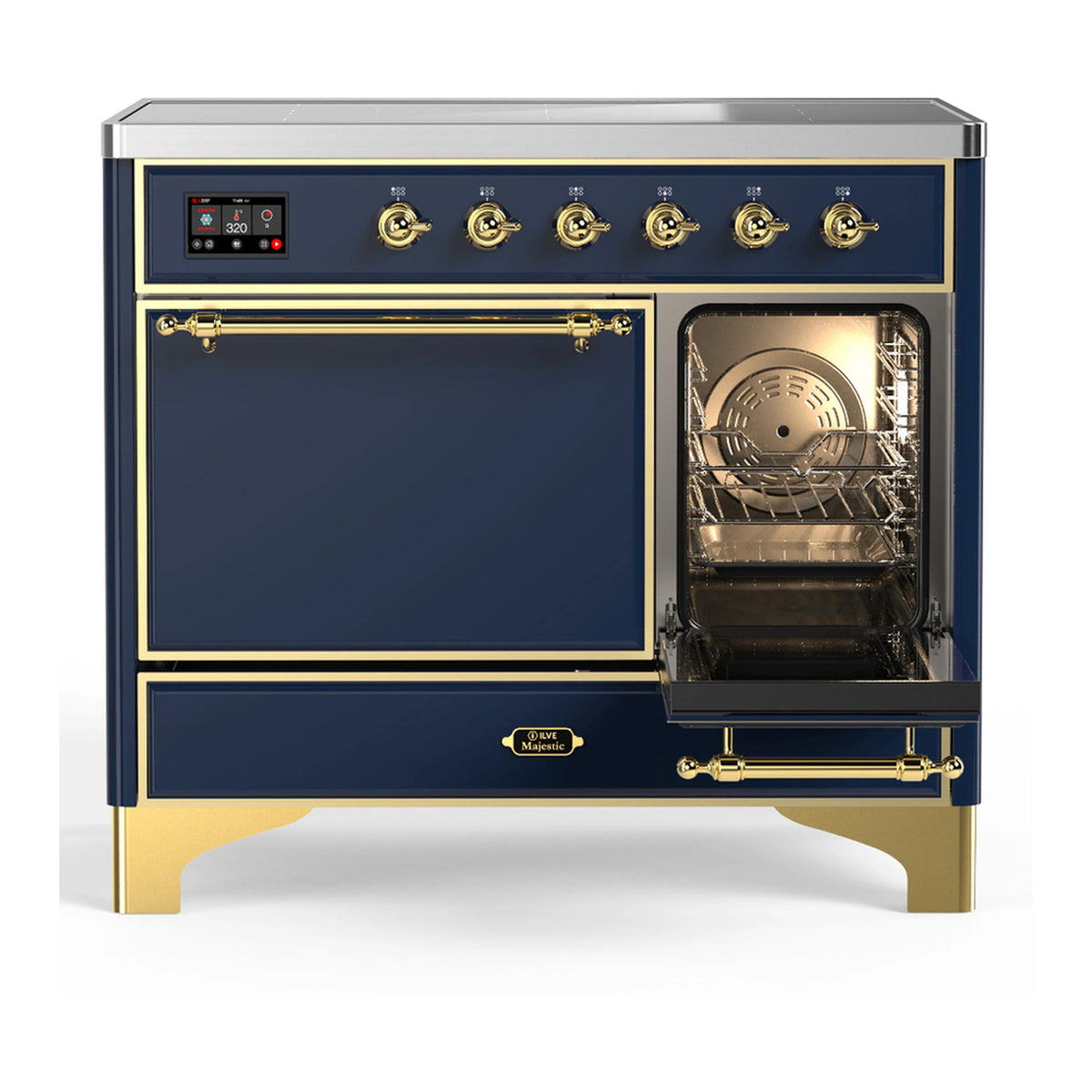 Midnight blue induction range with oven door open and brass handle trim