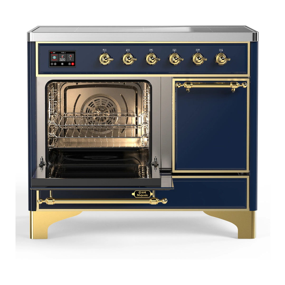 Midnight blue induction range with both oven compartments open, racks visible