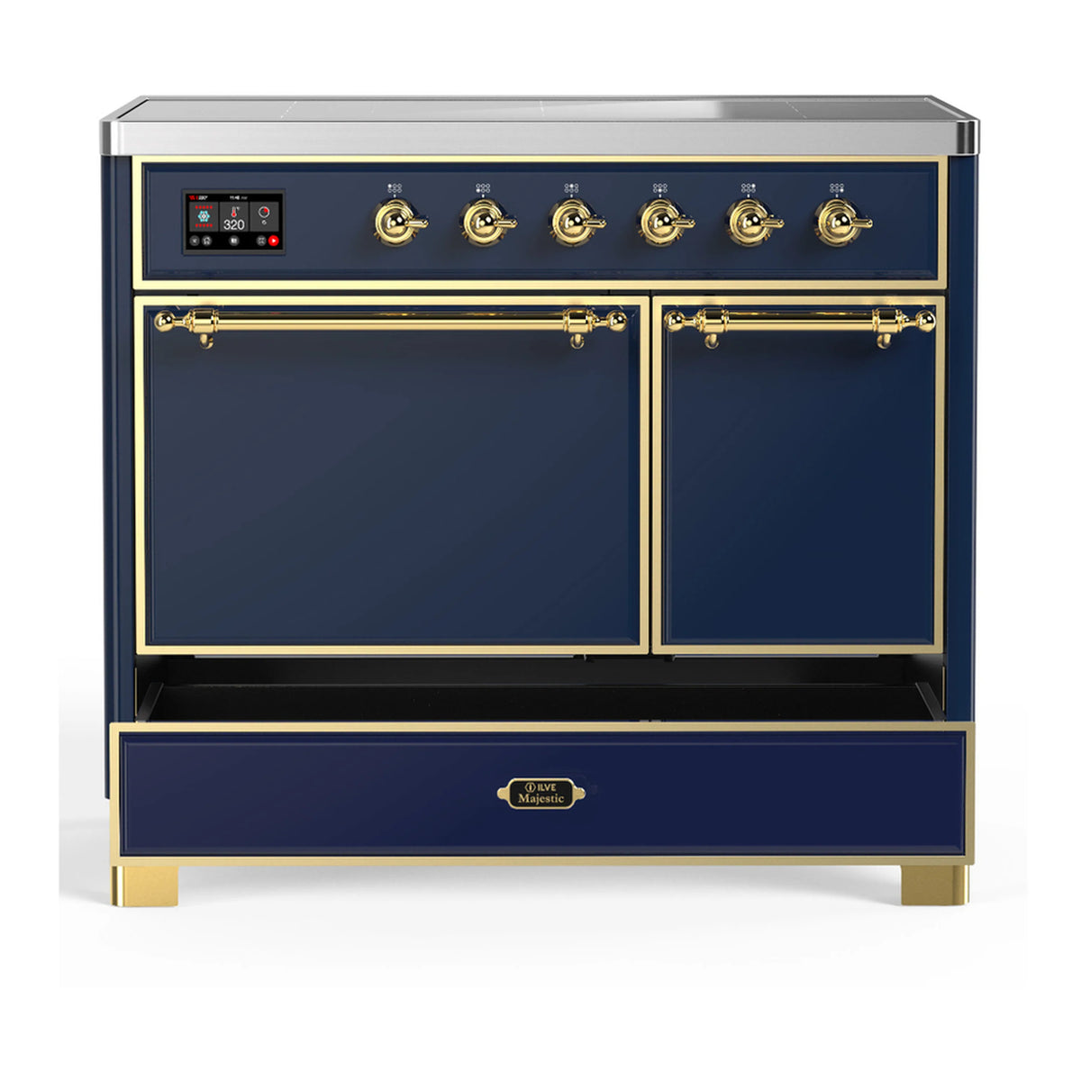 Midnight blue induction range with solid oven doors and brass trim on the lower drawer